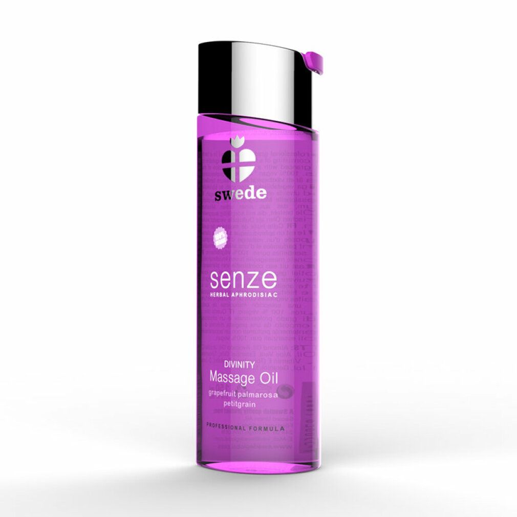 Olio da massaggio Swede Senze Divinity in flacone viola con tappo argentato.