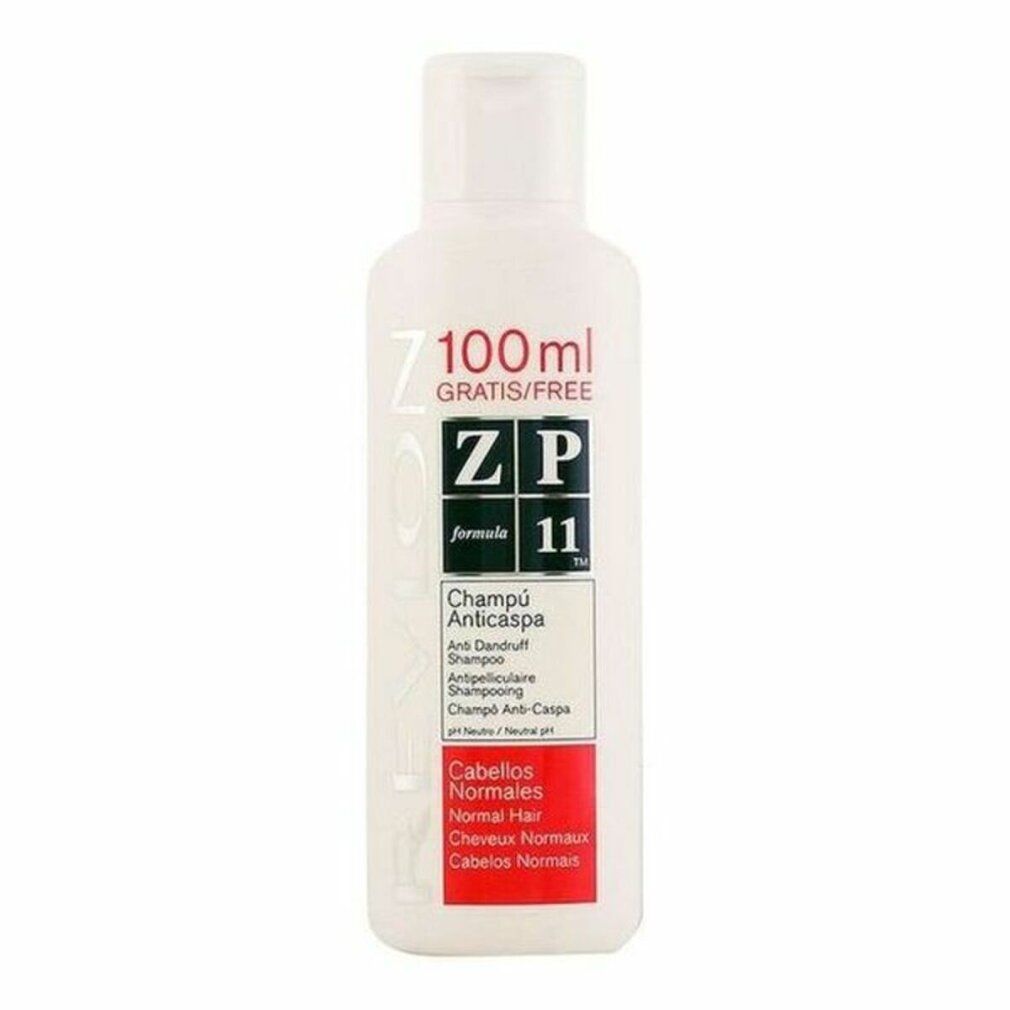 Flacone di shampoo bianco con etichette rosse e blu. Testo: ZP11, Champú Anticaspa, Cabellos Normales. 100ml Gratis/Free.