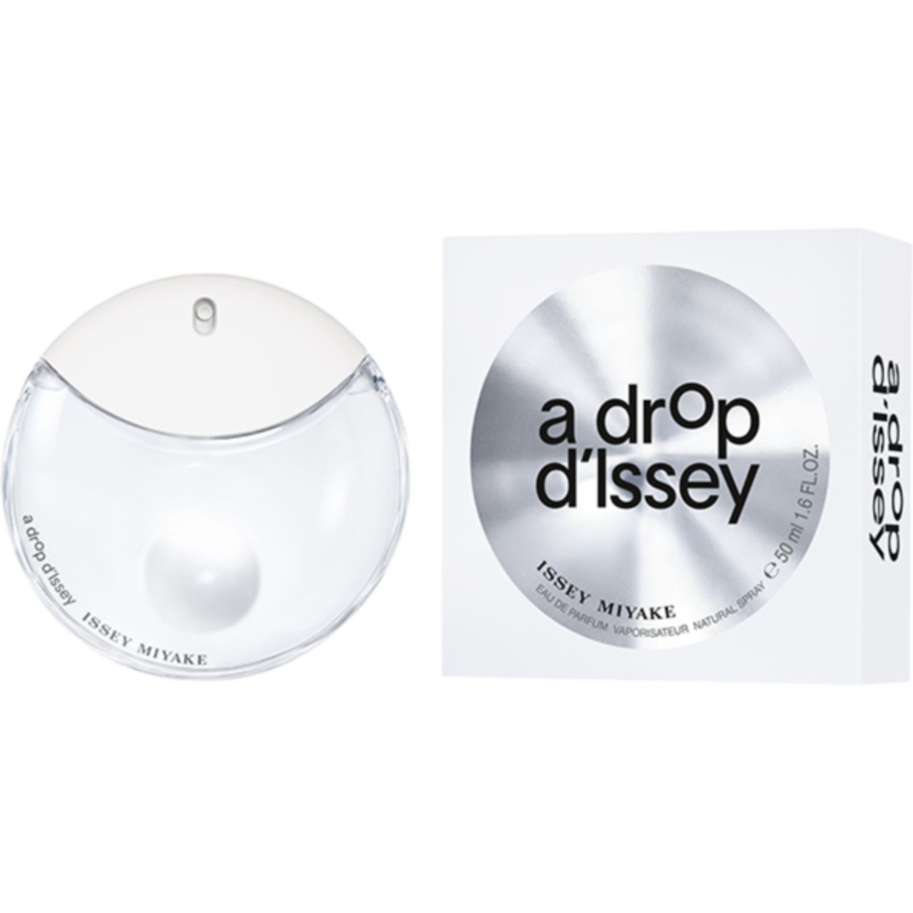 Flacone rotondo e confezione. Scritta: a drop d'Issey, Issey Miyake. 50 ml.