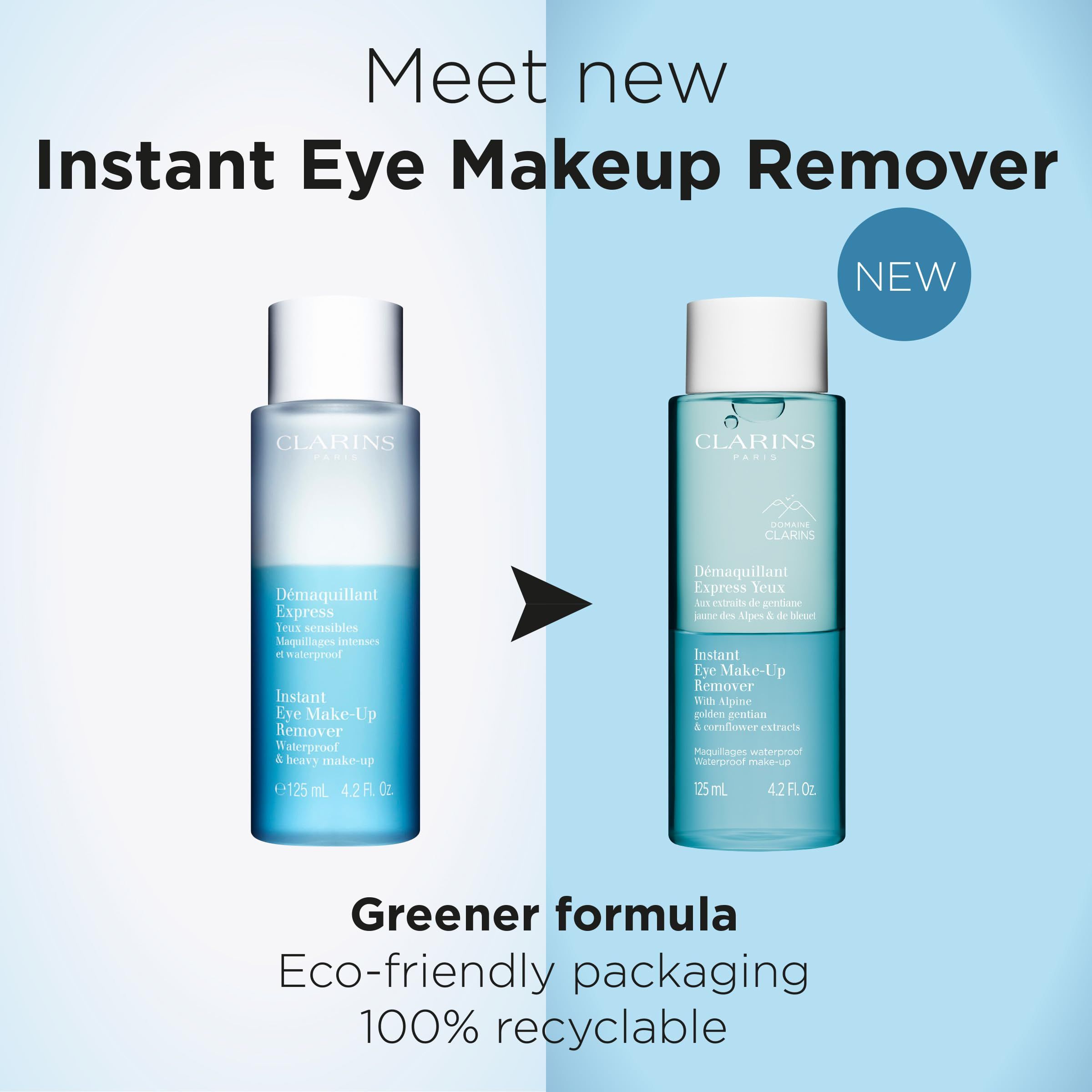Due flaconi affiancati. Testo: Meet new Instant Eye Makeup Remover, Greener formula, Eco-friendly packaging, 100% recyclable.