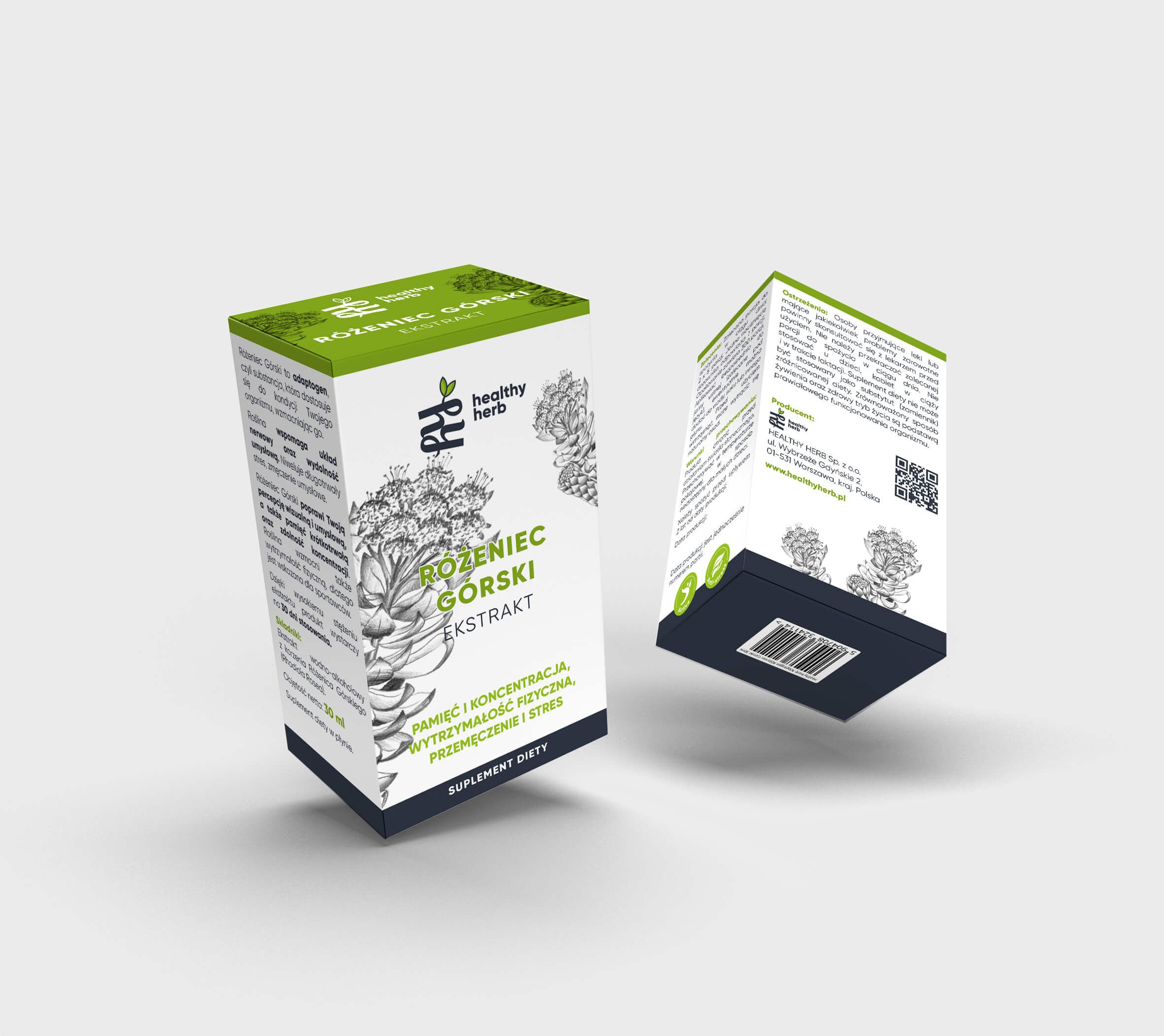 Confezione del prodotto con dettagli verdi e bianchi. Testo: Rosenwurz-Extrakt, Healthy Herb. Sono raffigurate due scatole.