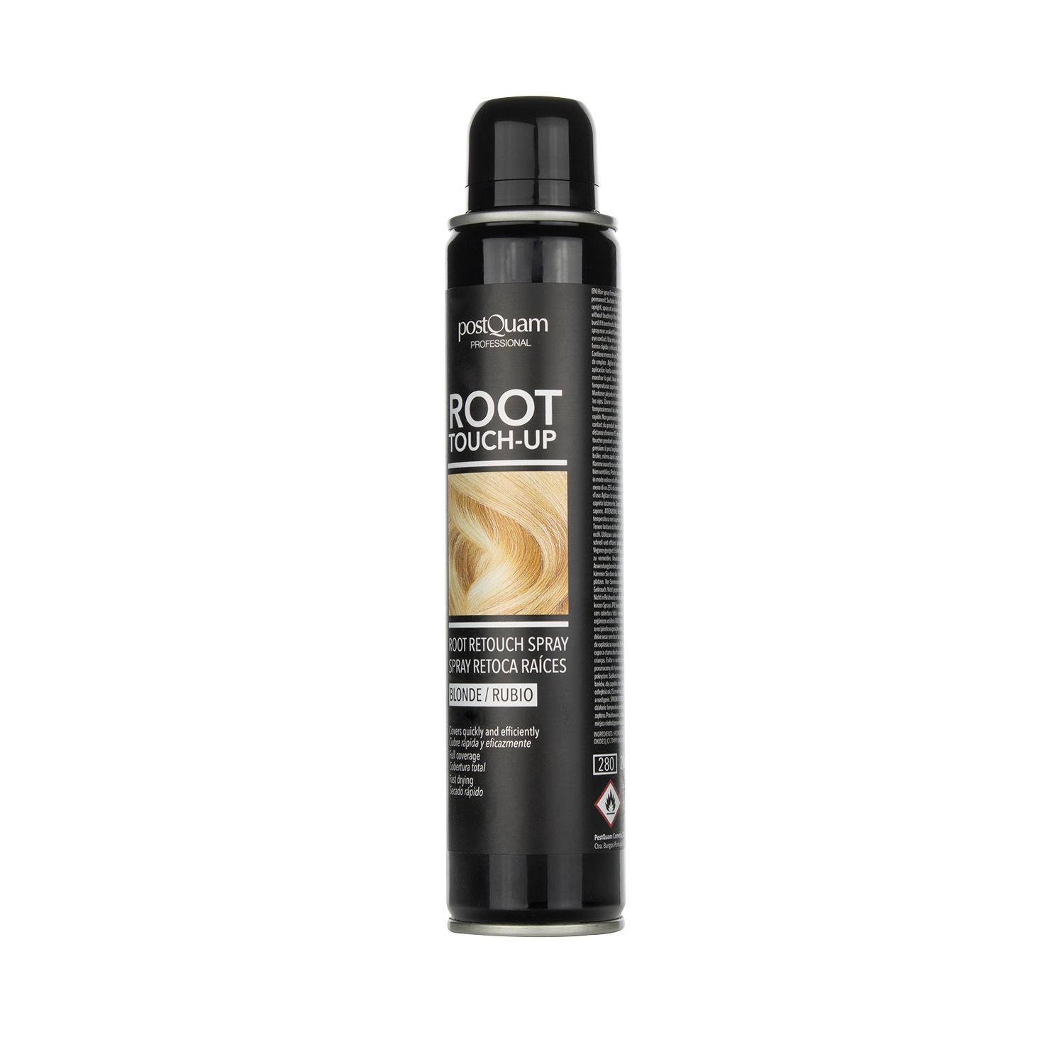 Bomboletta spray nera con scritta "PostQuam" e "ROOT TOUCH-UP". Esempio di capelli biondi. Testo "BLONDE/RUBIO".