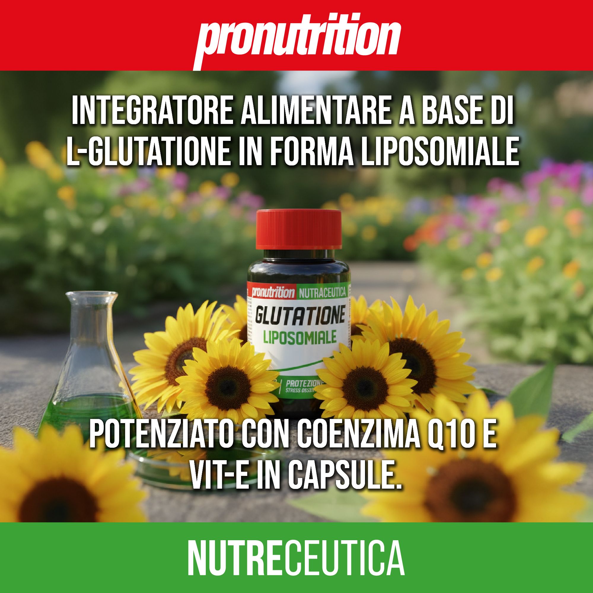 Flacone marrone con tappo rosso. Scritta: Glutatione Liposomiale. Circondato da girasoli. Testo: Nutraceutica.