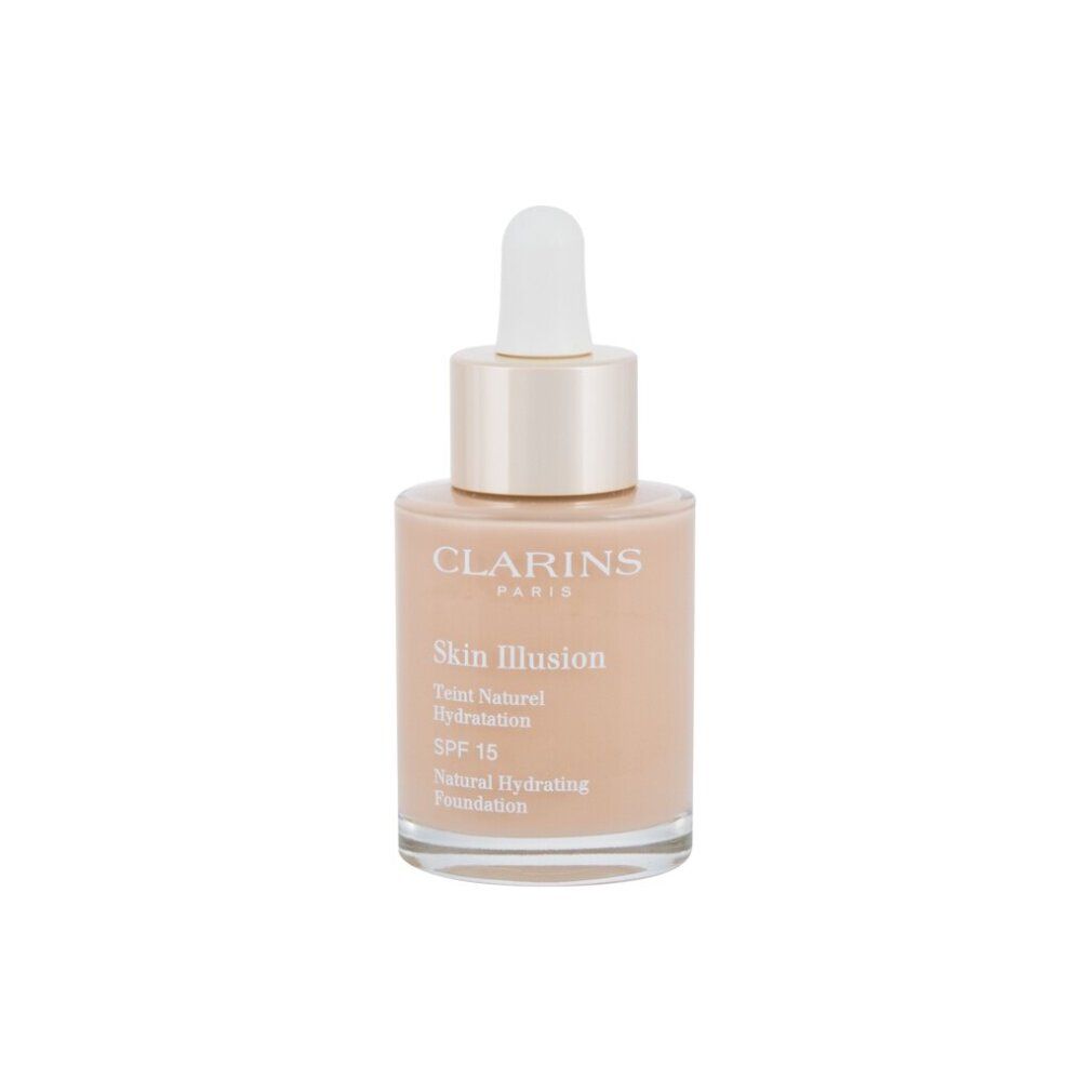 Flacone di trucco Clarins Skin Illusion. Scritta: Teint Naturel Hydratation SPF 15, Natural Hydrating Foundation.