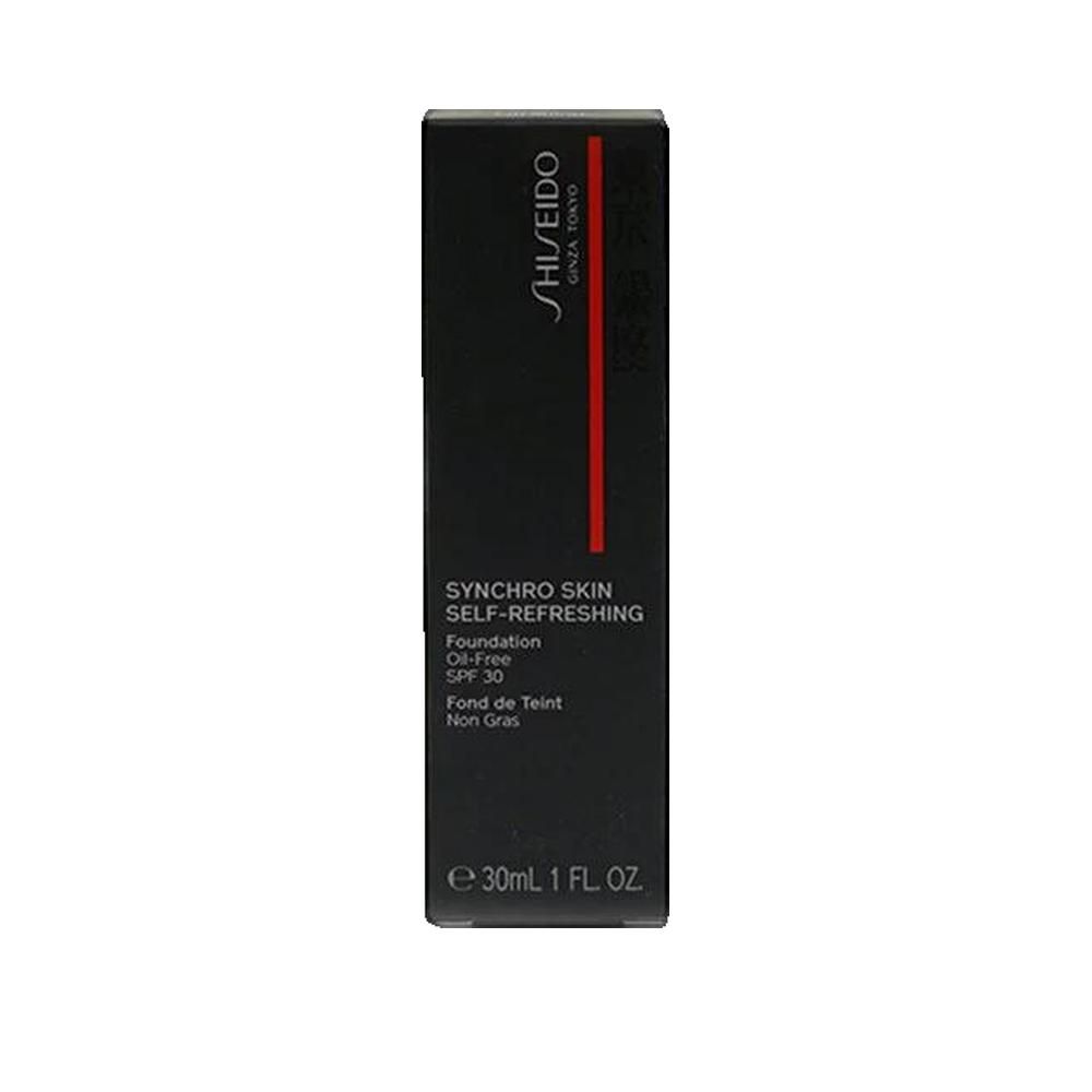 Scatola nera con striscia rossa e testo. Contiene: SHISEIDO, SYNCHRO SKIN SELF-REFRESHING Foundation, SPF 30.