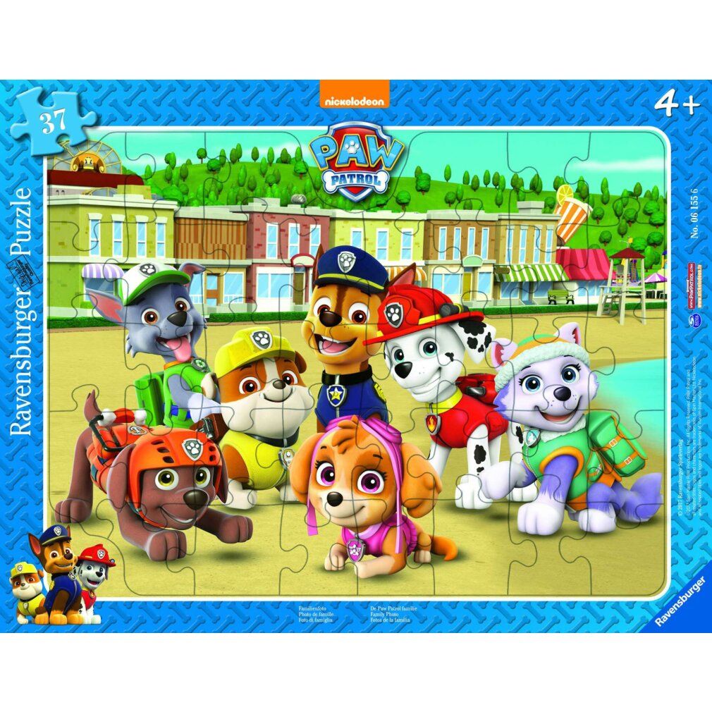 Puzzle con cornice da 37 pezzi. Soggetto: personaggi di Paw Patrol davanti a uno sfondo. Età consigliata: 4+. Marca: Ravensburger.