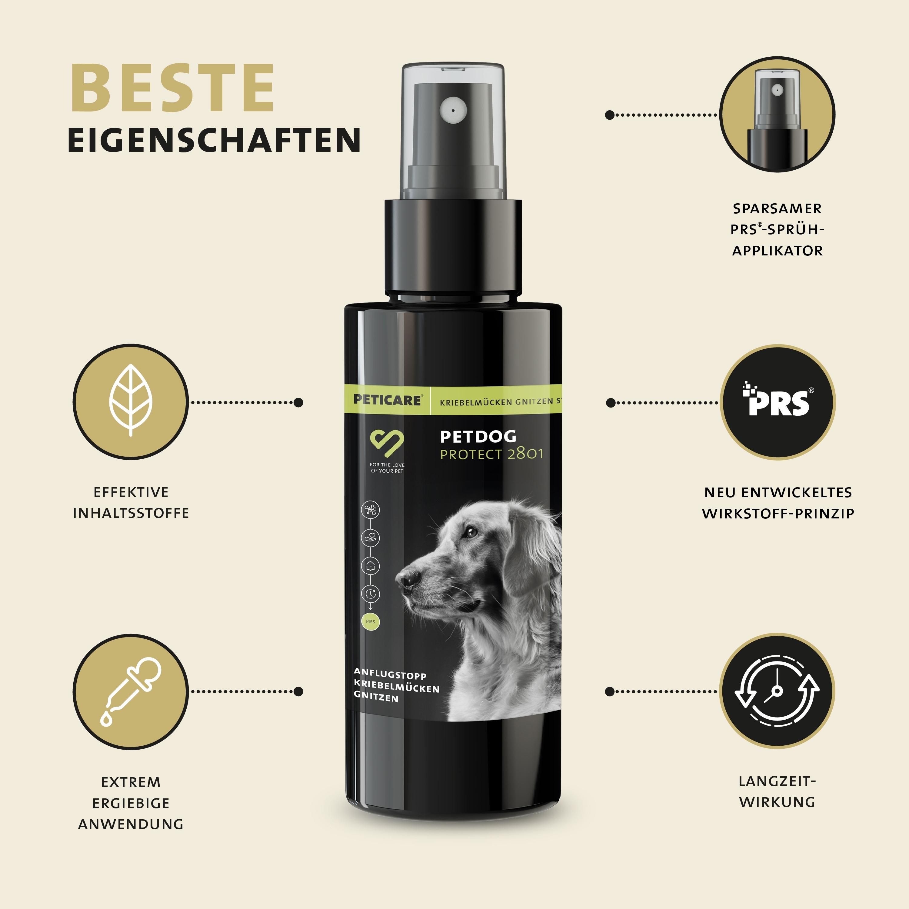 Flacone spray Peticare con primi piani dell'applicatore, sigillo e foglia. "Migliori proprietà" in alto.