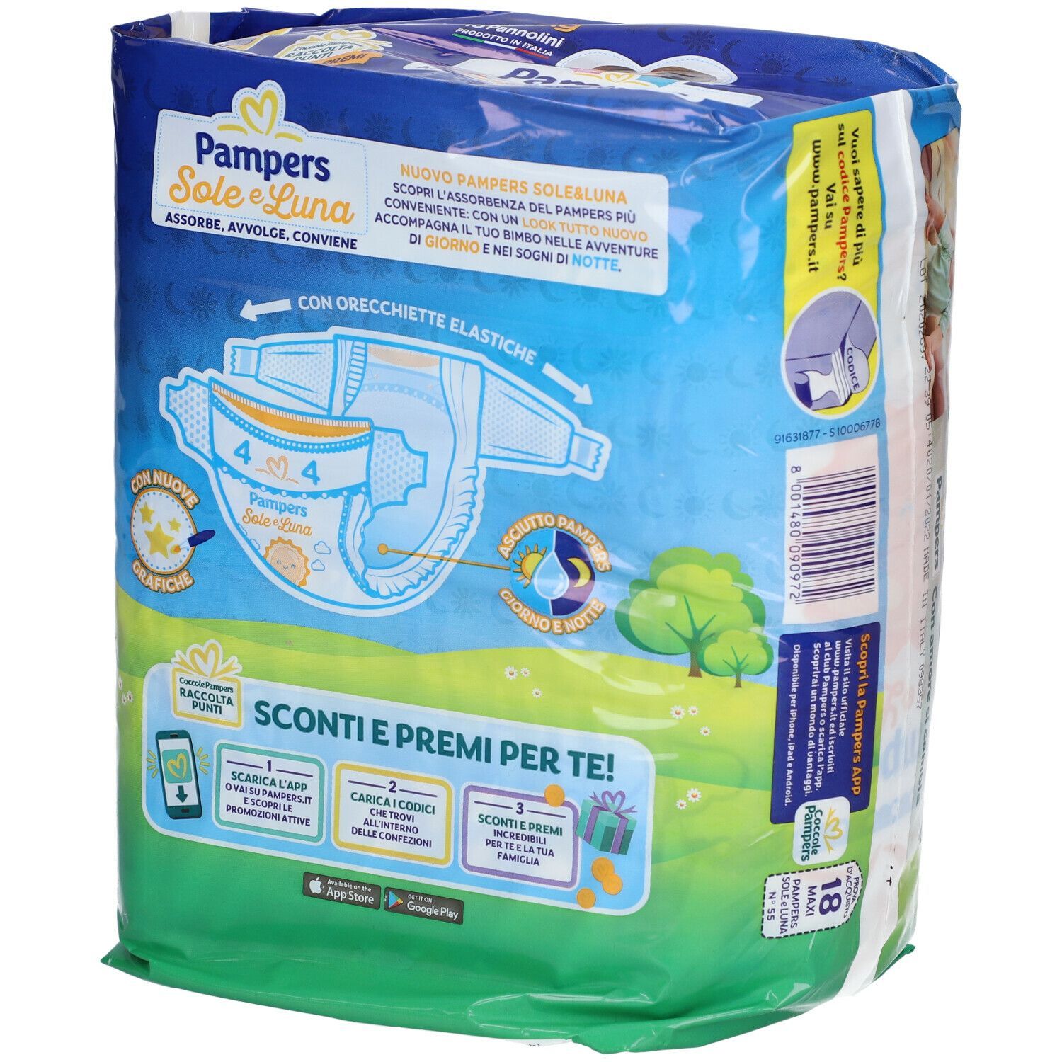 Retro della confezione di pannolini Pampers Sole e Luna Maxi. Contiene informazioni e promozioni.