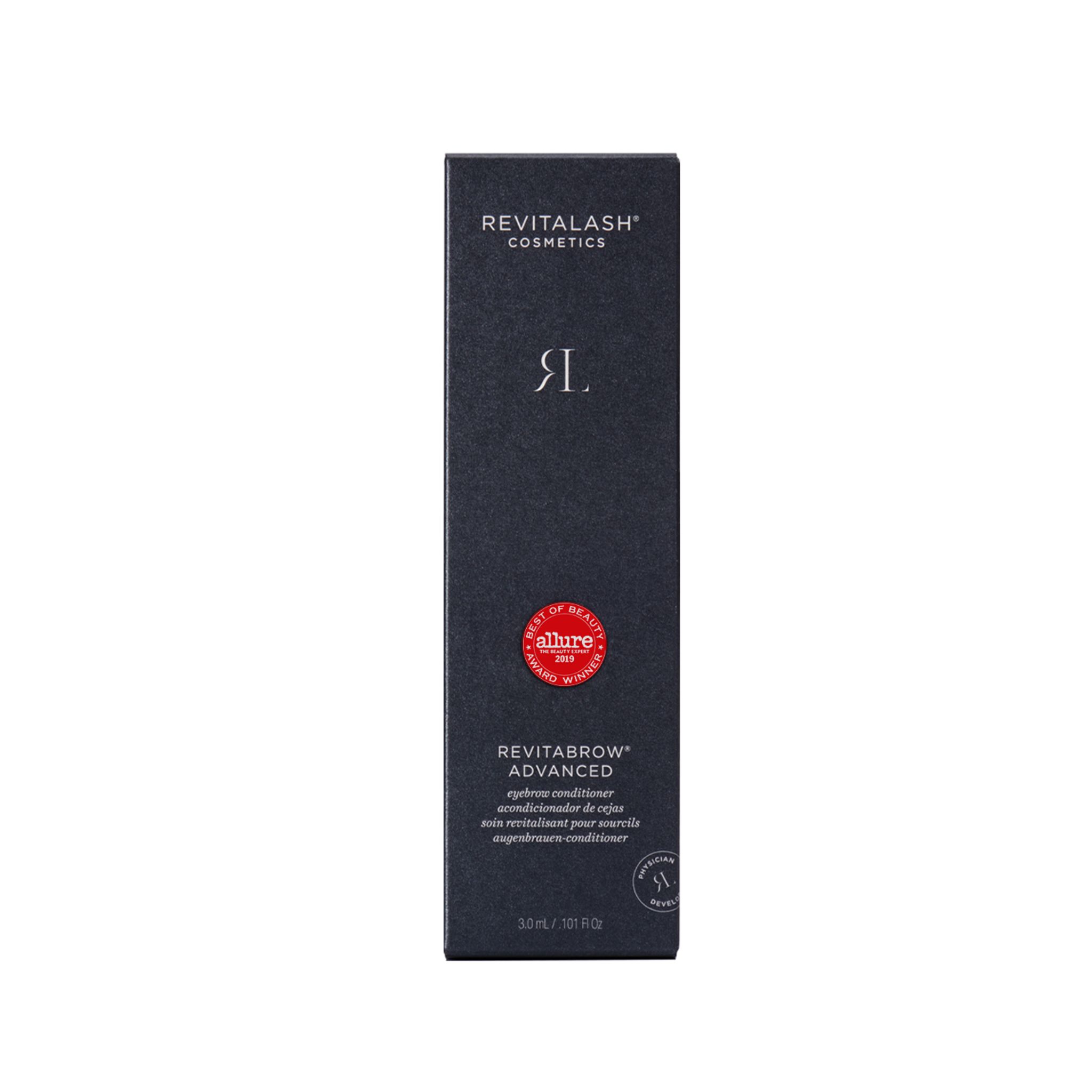 Confezione grigio scuro con cerchio rosso. Sulla confezione è scritto "RevitaBrow® Advanced".