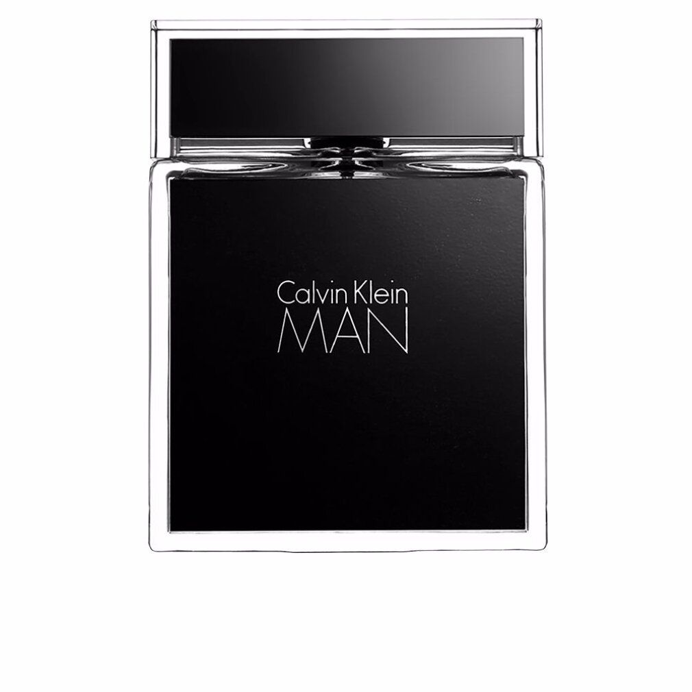 Flacone Calvin Klein MAN, rettangolare, trasparente con fronte nero. Scritta MAN e Calvin Klein. Tappo trasparente.