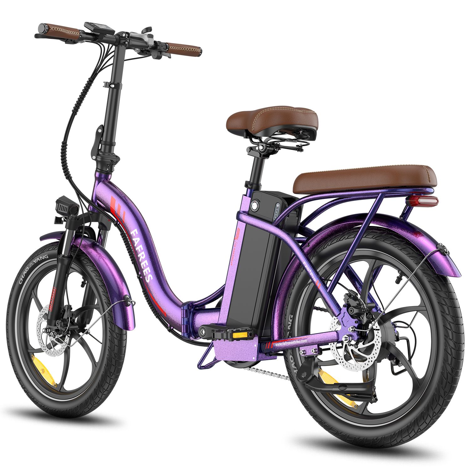 E-bike pieghevole viola, sella e portapacchi marroni. Pneumatici, cerchi e batteria neri. Marchio FAFREES.