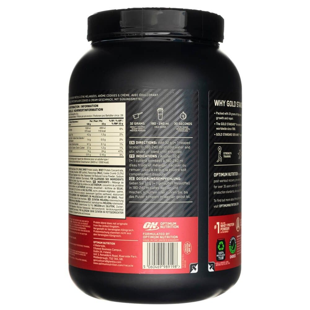 Retro di un barattolo Optimum Nutrition Gold Standard 100% Whey. Contiene informazioni nutrizionali e istruzioni.