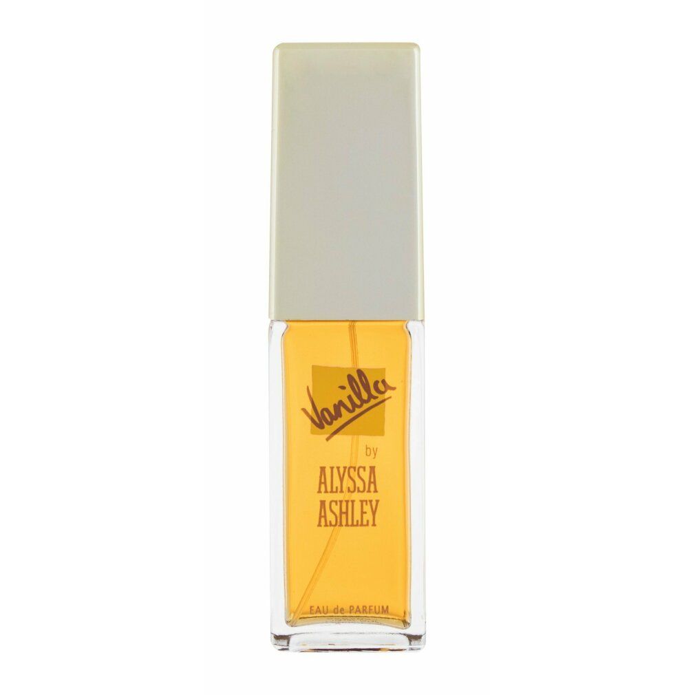 Flacone rettangolare con tappo chiaro. Scritta "Vanilla by Alyssa Ashley".