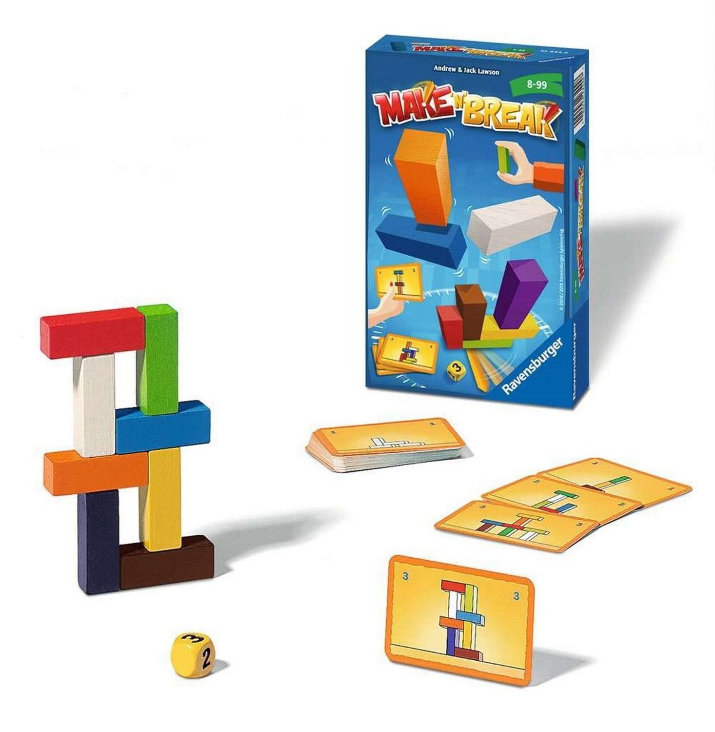 Gioco Make 'n' Break con blocchi, carte e dado. Alcuni blocchi impilati in una torre. La scatola del gioco è sullo sfondo.