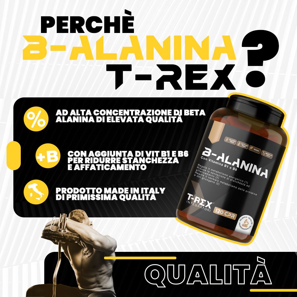 Immagine pubblicitaria con flacone 3-ALANINA. Testo: Perché 3-ALANINA? Alta concentrazione, Vitamine B1 & B6, prodotto in Italia. Uomo che si allena.