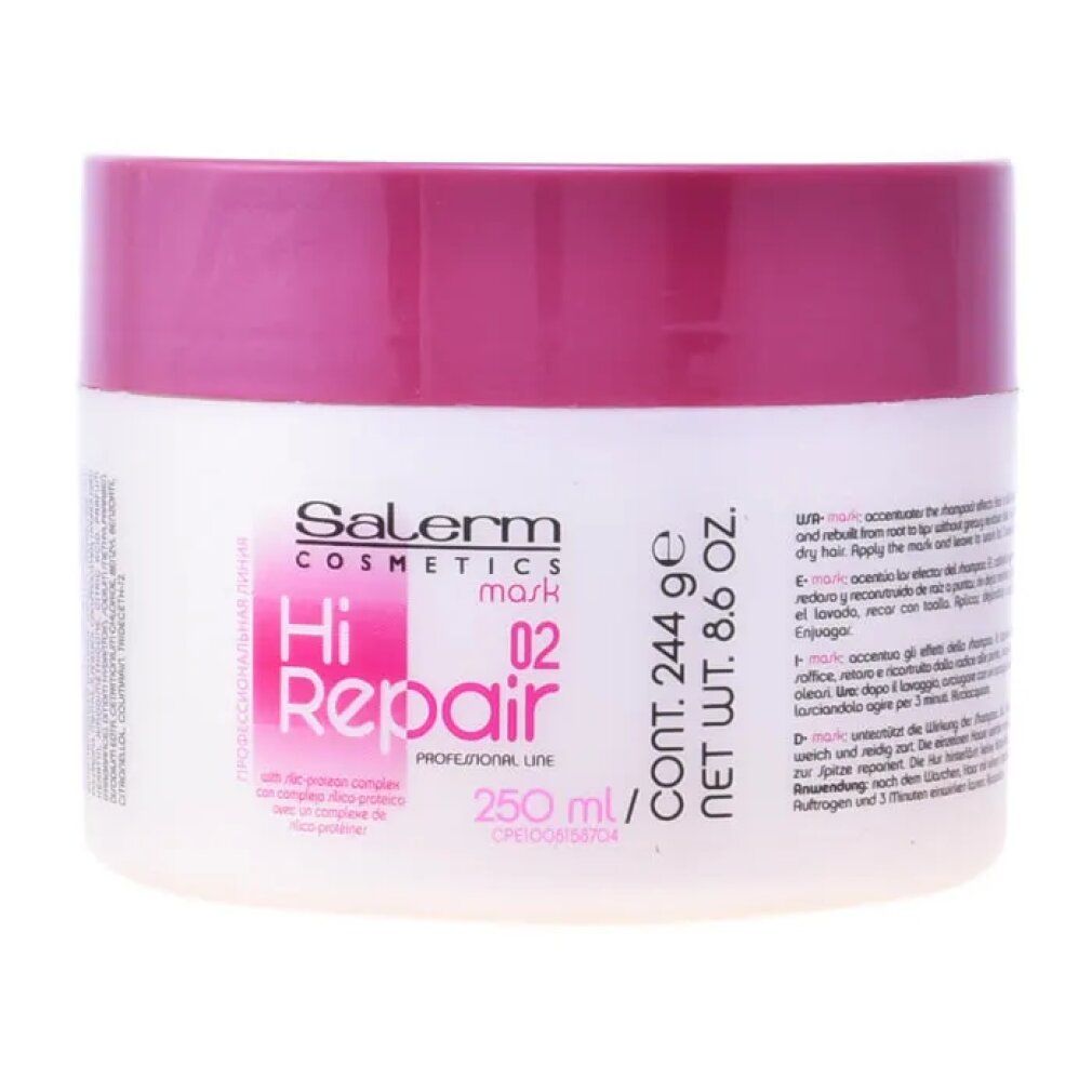 Barattolo di crema con coperchio. Scritta: Salerm Cosmetics Hi Repair Mask 02. Contenuto: 250 ml. Confezione rosa e bianca.