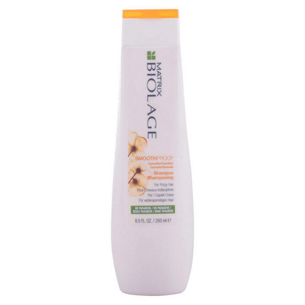 Shampoo bianco con tappo giallo. Scritta Biolage, SmoothProof, per capelli ribelli. 250 ml.