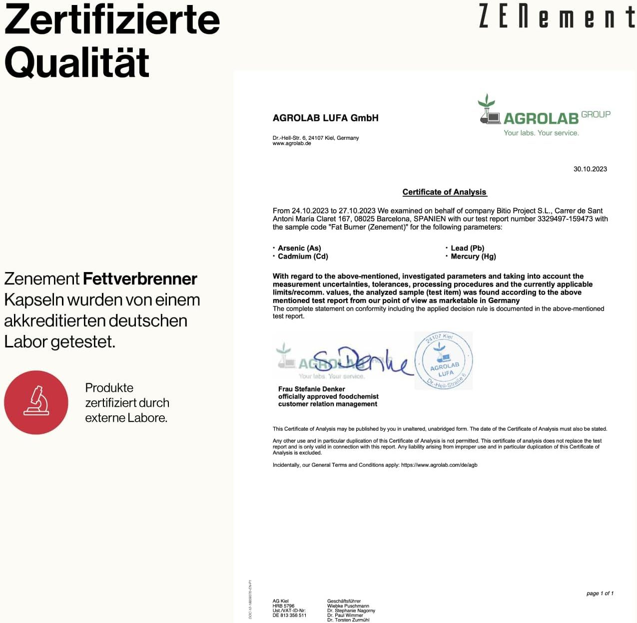 Certificato di certificazione di Agrolab LUFA GmbH. Conferma la qualità delle capsule Zenement Fettverbrenner.