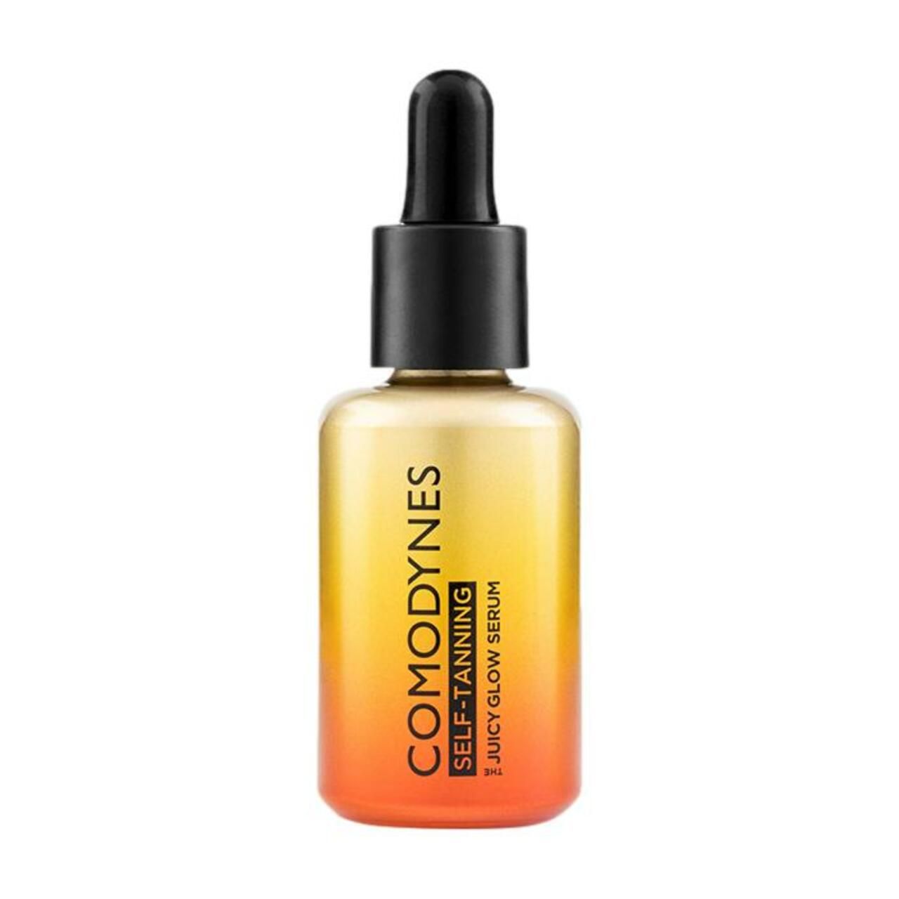 Flacone di siero autoabbronzante. Sfumatura arancione-gialla. Pipetta nera. Scritta: COMODYNES, SELF-TANNING, JUICY GLOW SERUM.