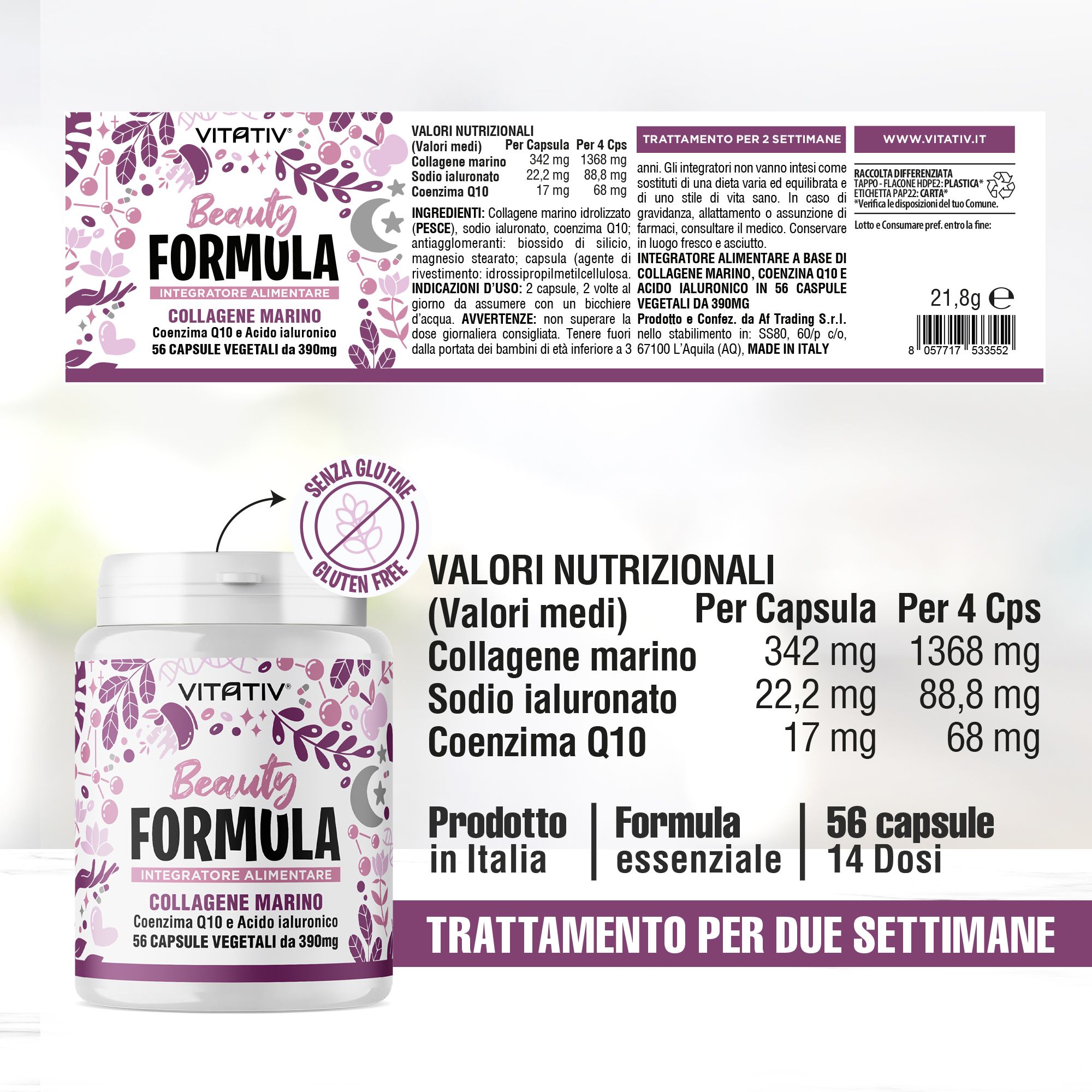 Flacone ed etichetta con valori nutrizionali. Testo: Beauty Formula, 56 capsule. Marchio: Vitativ.