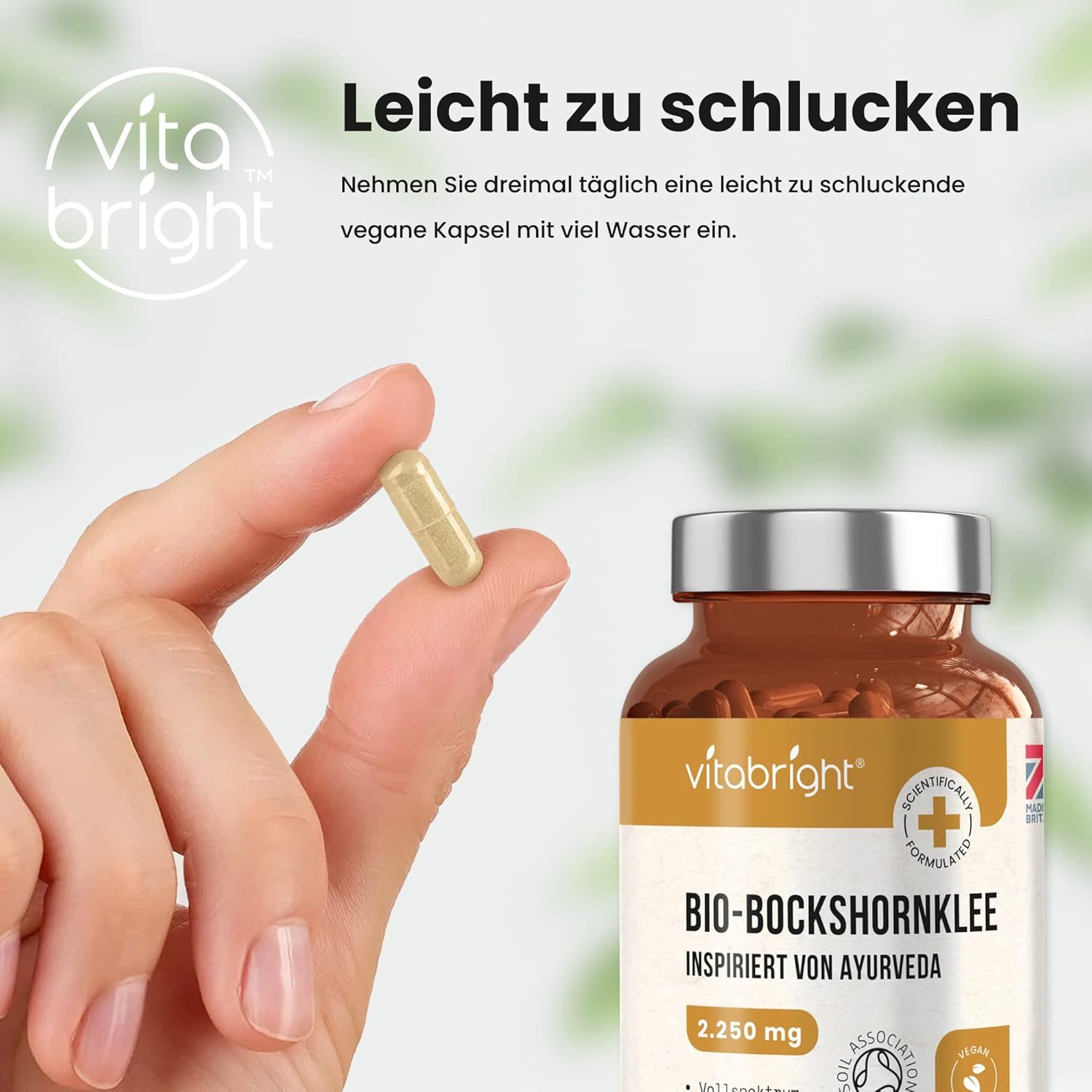 Mano che tiene una capsula. Accanto, un flacone di capsule VitaBright Bio-Bockshornklee. Scritta: 2.250 mg. Facile da ingerire.