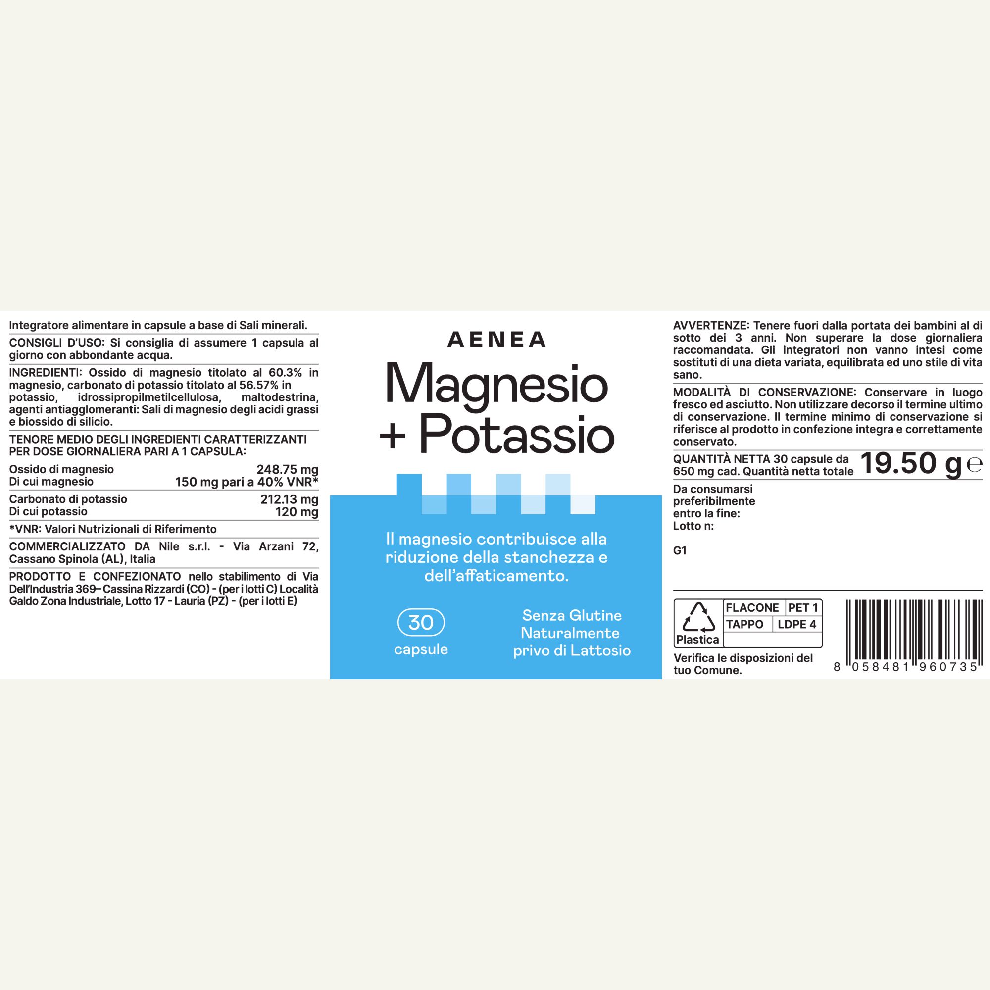 Etichetta con testo: Aenea, Magnesio+Potassio. 30 capsule. Ingredienti, istruzioni per l'uso, avvertenze.