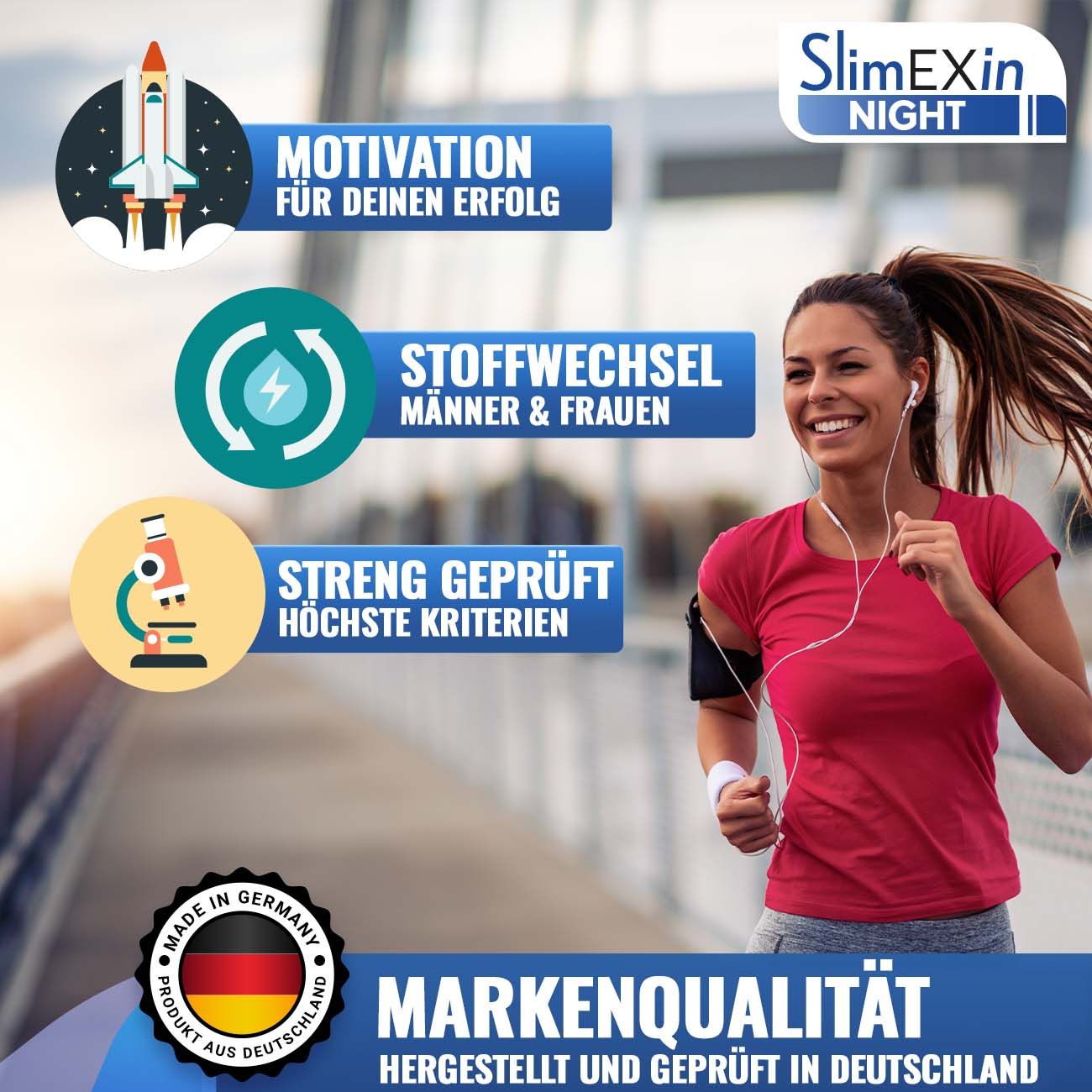 Donna che fa jogging. Grafici: Motivazione, metabolismo, rigorosamente testato. Testo: Qualità del marchio. Prodotto in Germania.