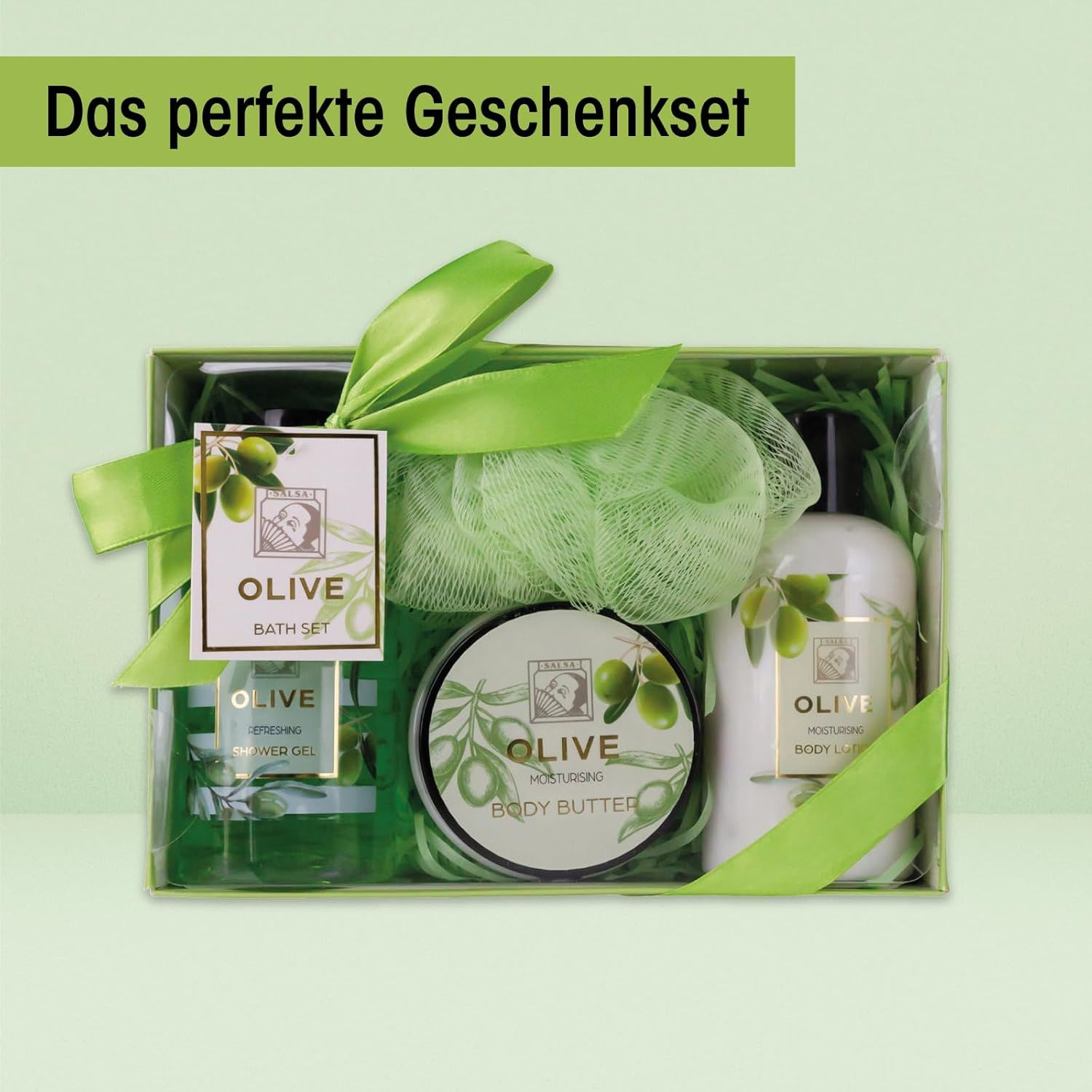 Confezione regalo Olive: gel doccia, lozione corpo, burro corpo, spugna. Fiocco verde ed etichetta.
