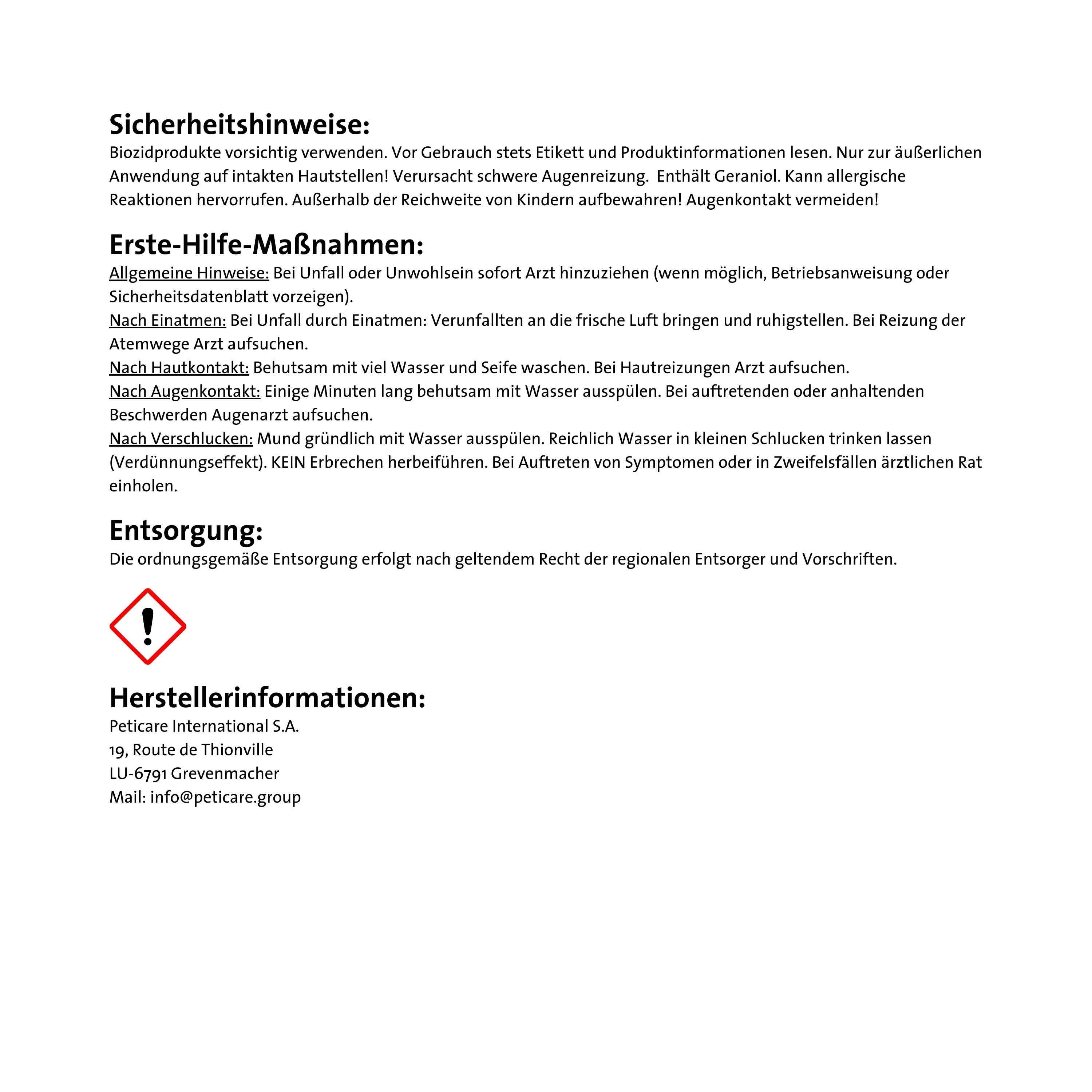 Istruzioni di sicurezza e di primo soccorso. Testo in tedesco. Informazioni sul produttore: Peticare International S.A.