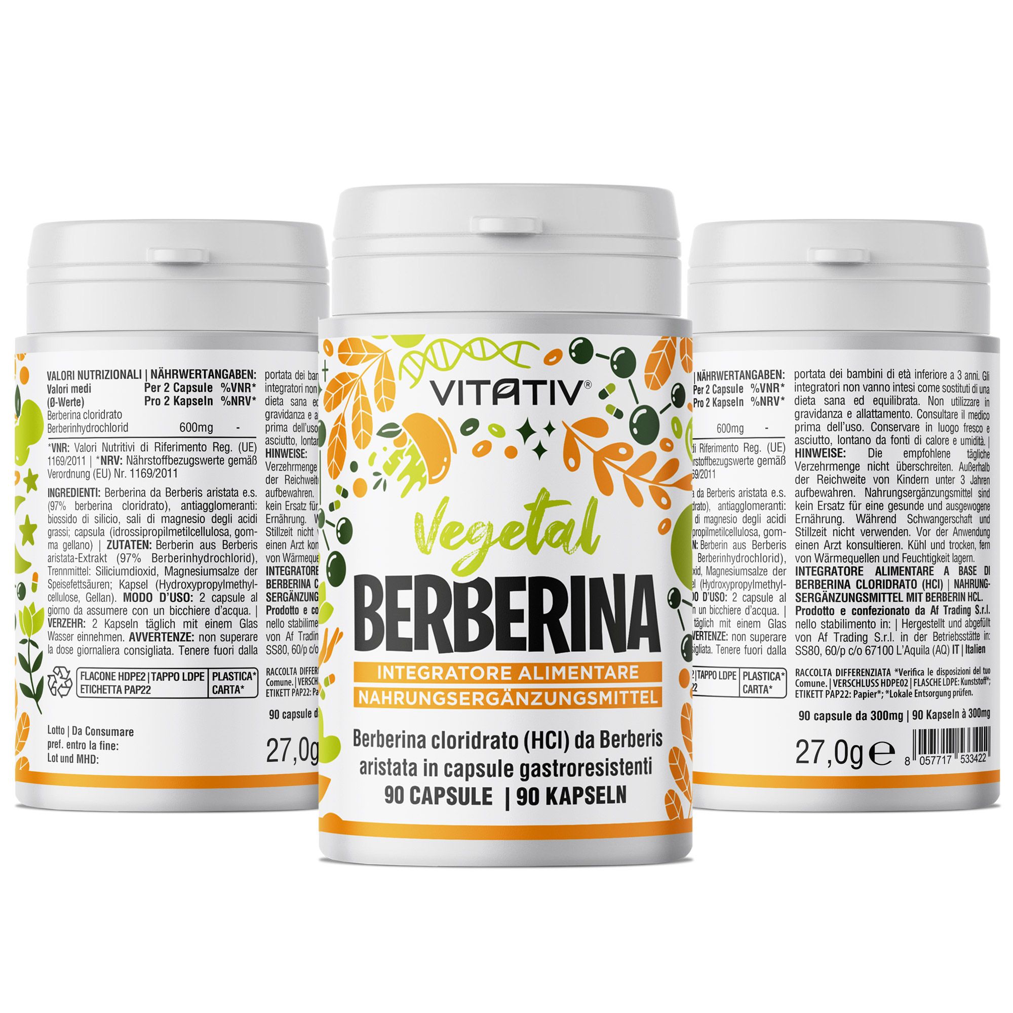 VITATIV® Berberina da Berberis Aristata HCl Alta Purezza - Capsule Gastroresistenti Vegetali