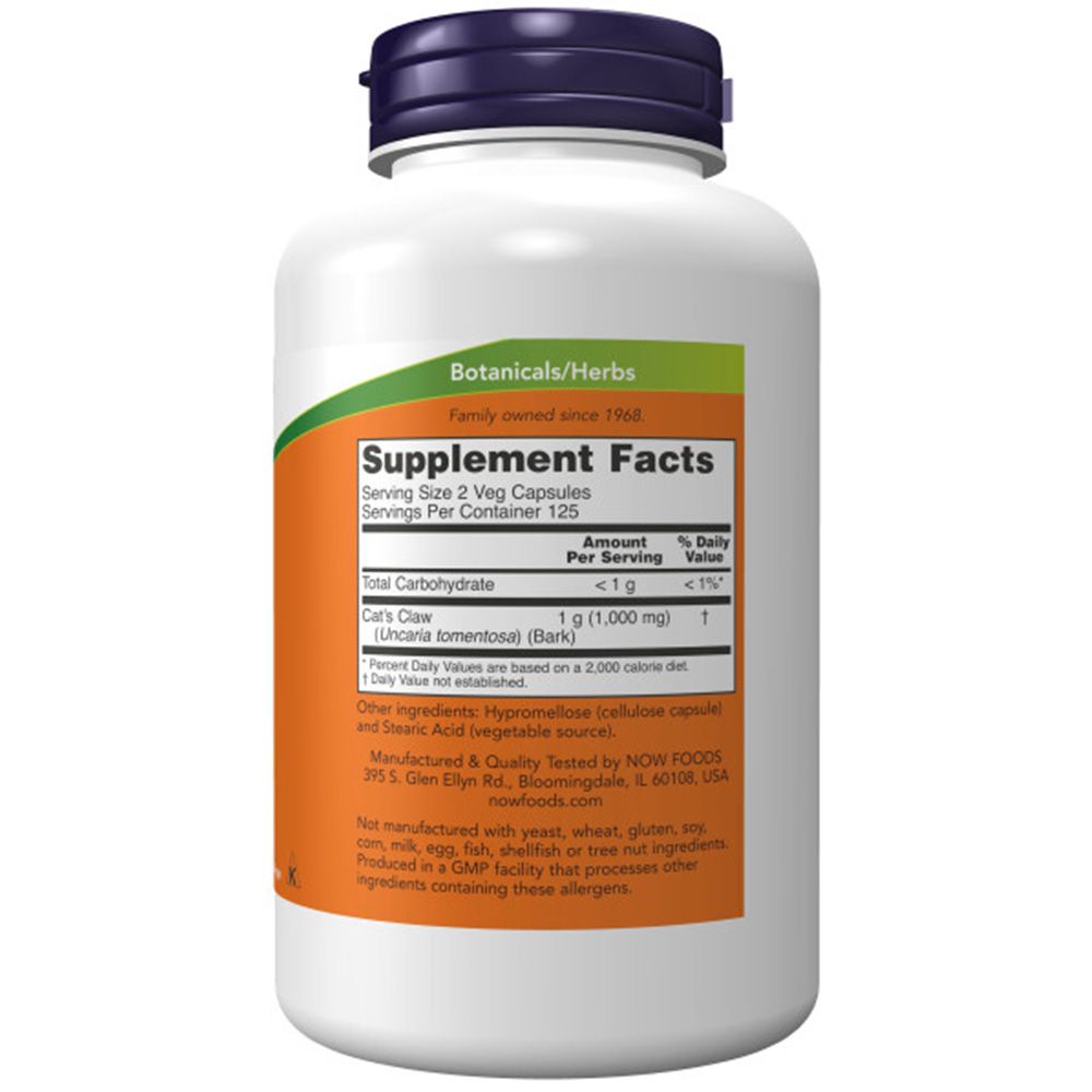 Retro del flacone. Etichetta con informazioni nutrizionali e ingredienti. Testo: Botanicals/Herbs. NOW Foods. 125 porzioni.