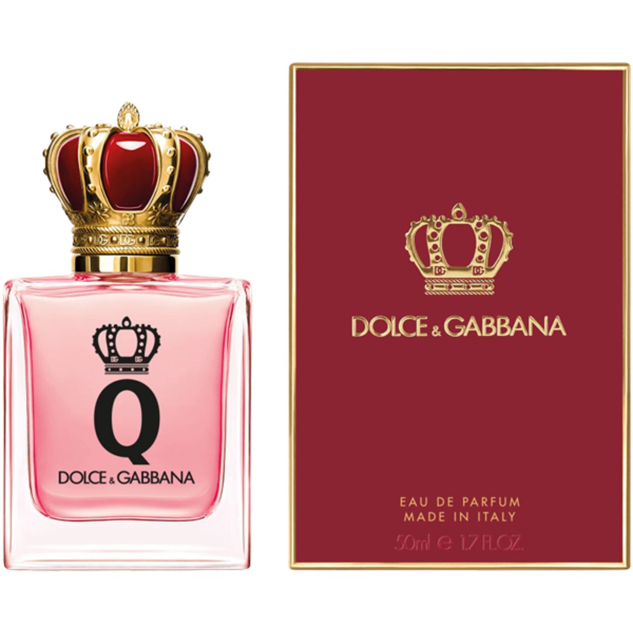 Q by Dolce&Gabbana EdP Nat. Spray. Flacone e confezione. Flacone rosa con corona dorata. Confezione rossa con logo dorato.