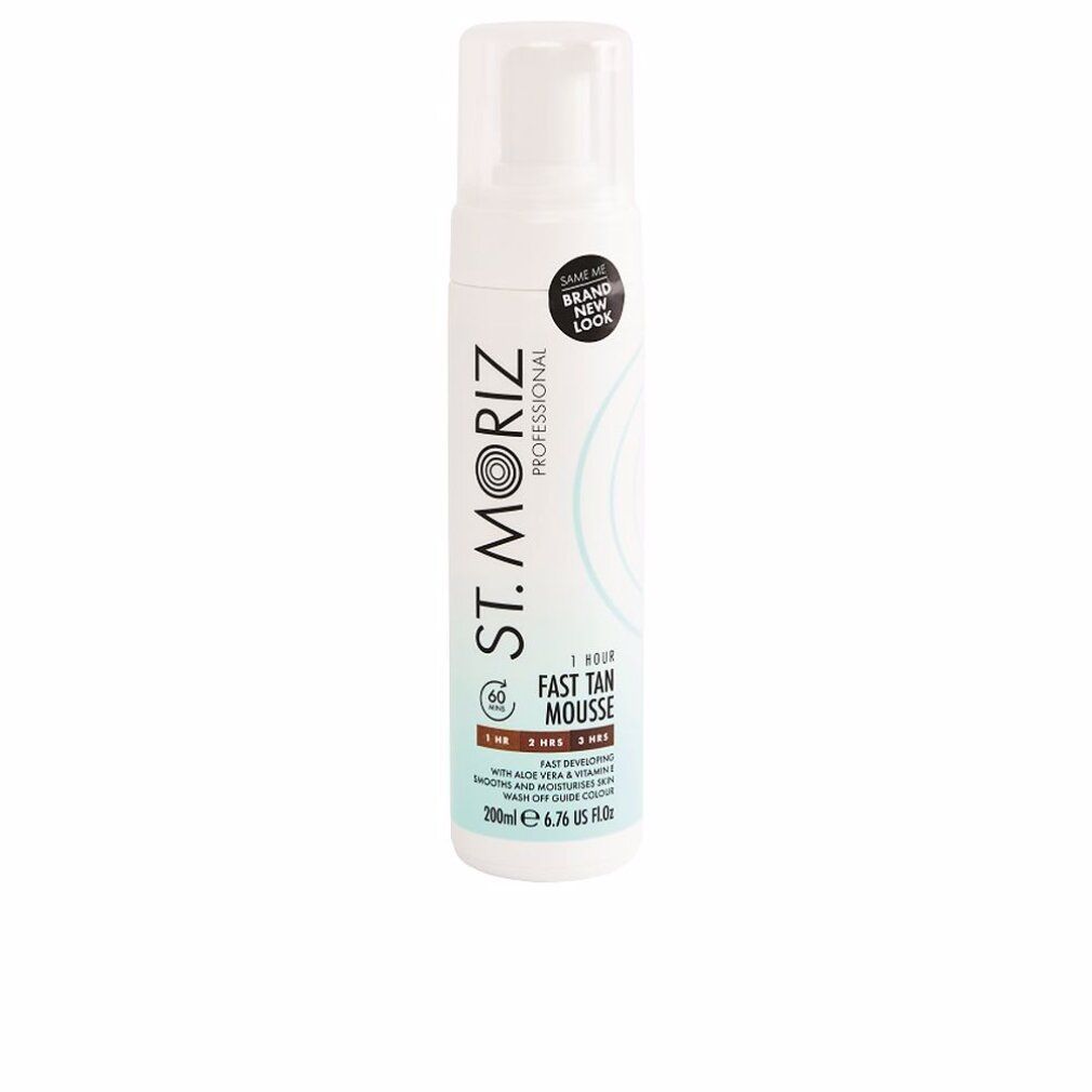 Flacone bianco con vaporizzatore. Scritta: St. Moriz Professional, Fast Tan Mousse. Con adesivo: Brand New Look. 200ml.