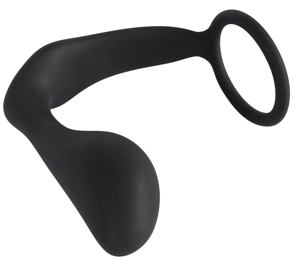 Anello fallico/testicolare nero con plug anale. Impugnatura ad anello, asta curva e forma a plug conica.