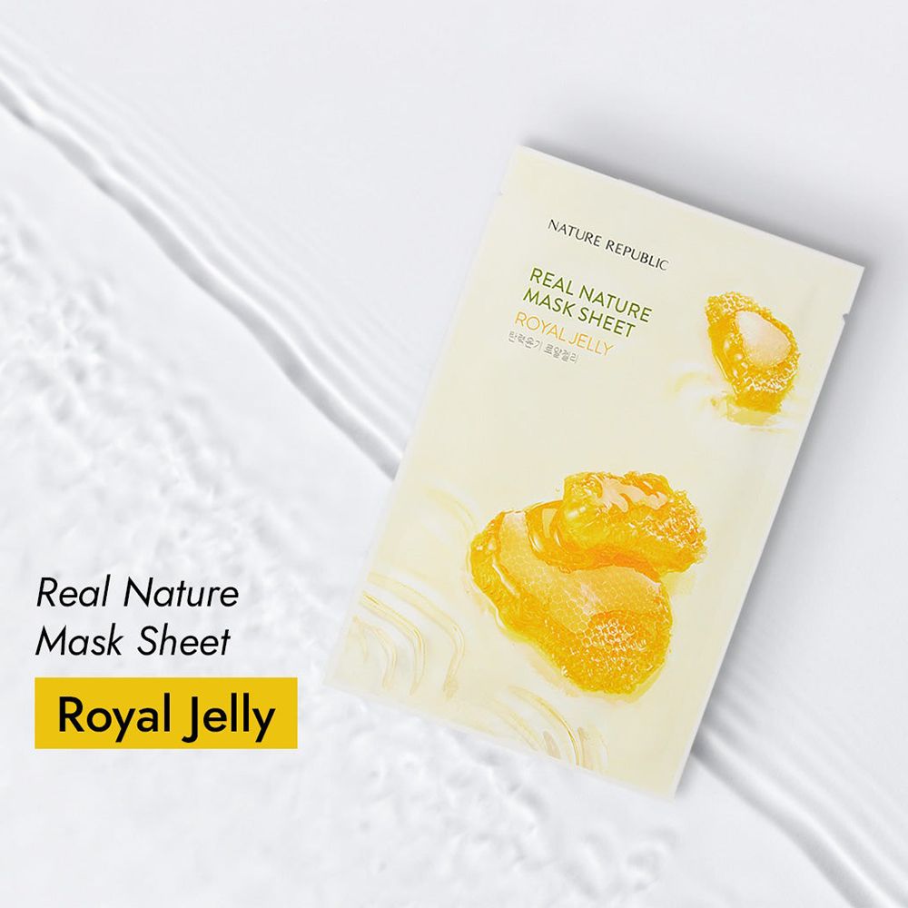 Confezione NATURE REPUBLIC Royal Jelly Sheet Mask. Nome prodotto, illustrazioni a nido d'ape, su sfondo bianco.