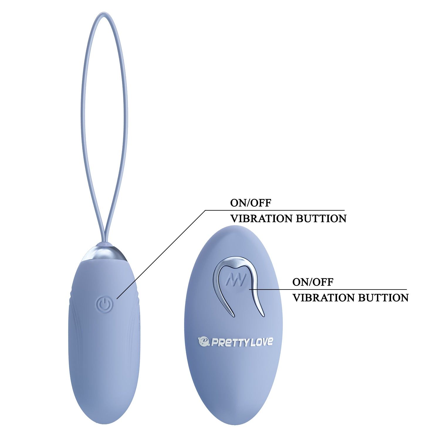 Vibratore ovale blu con anello e telecomando. Scritte: ON/OFF, Vibration Button. Logo Pretty Love.