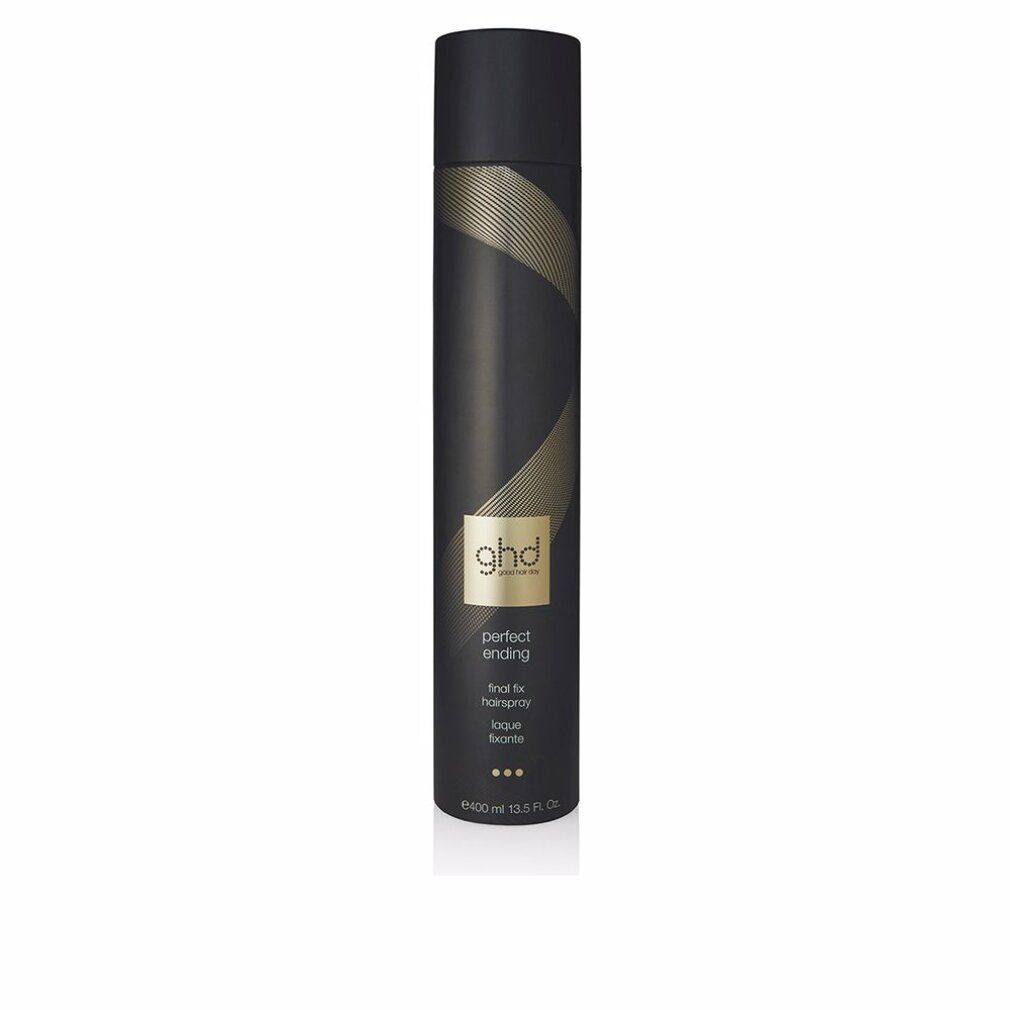 Bomboletta spray nera con logo "ghd" dorato e "perfect ending final fix hairspray".