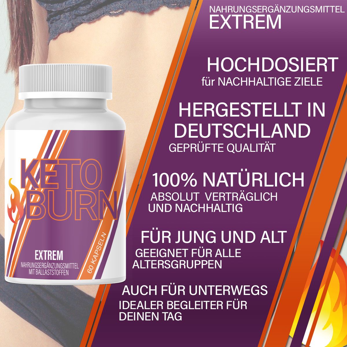Flacone bianco con etichetta viola-arancione. Scritta: KETO BURN, EXTREM, 60 capsule. Testo in tedesco.