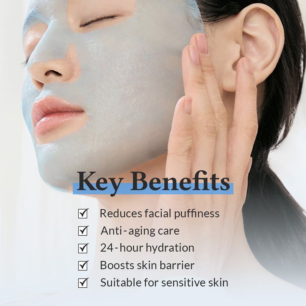 Donna con maschera in tessuto blu e elenco dei principali vantaggi.
