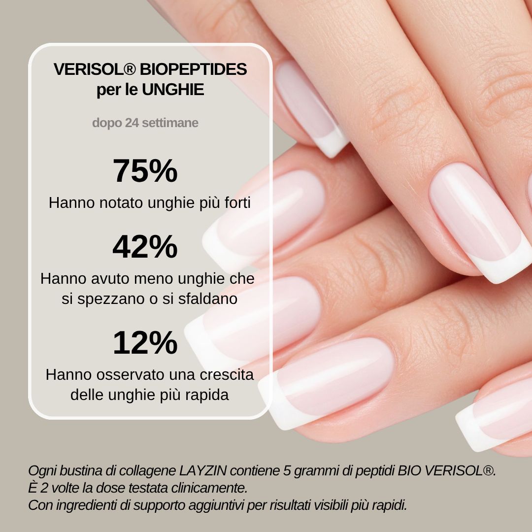 Mani con unghie e testo sul miglioramento delle unghie. 75% unghie più forti.