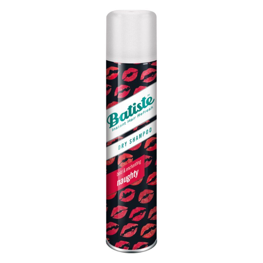 Spray shampoo secco Batiste. Motivi di labbra rosse su sfondo nero. Tappo bianco. Nome del prodotto e 'naughty' in rosso.