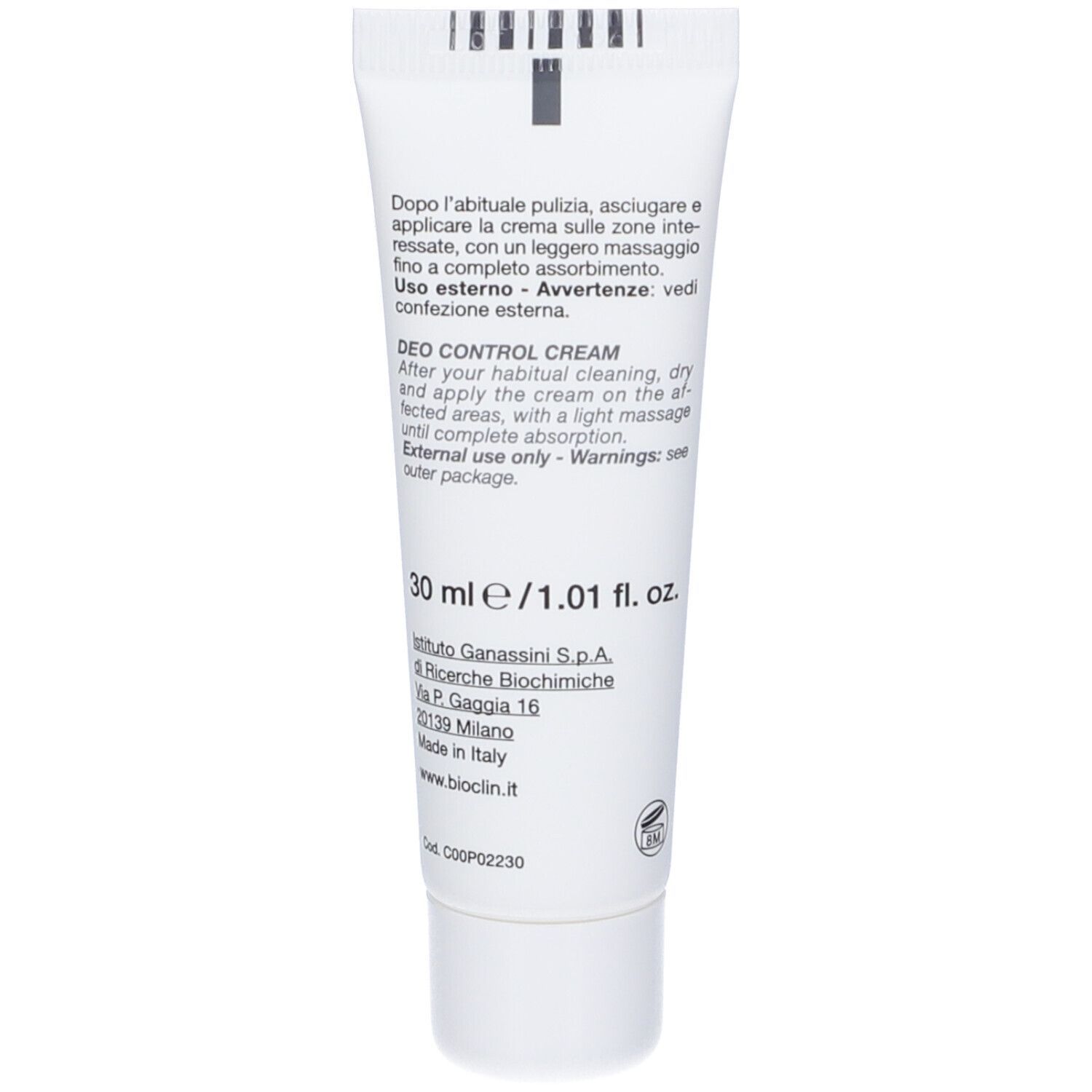 Retro del tubo Bioclin Deo Control Crema con istruzioni, ingredienti e 30 ml.