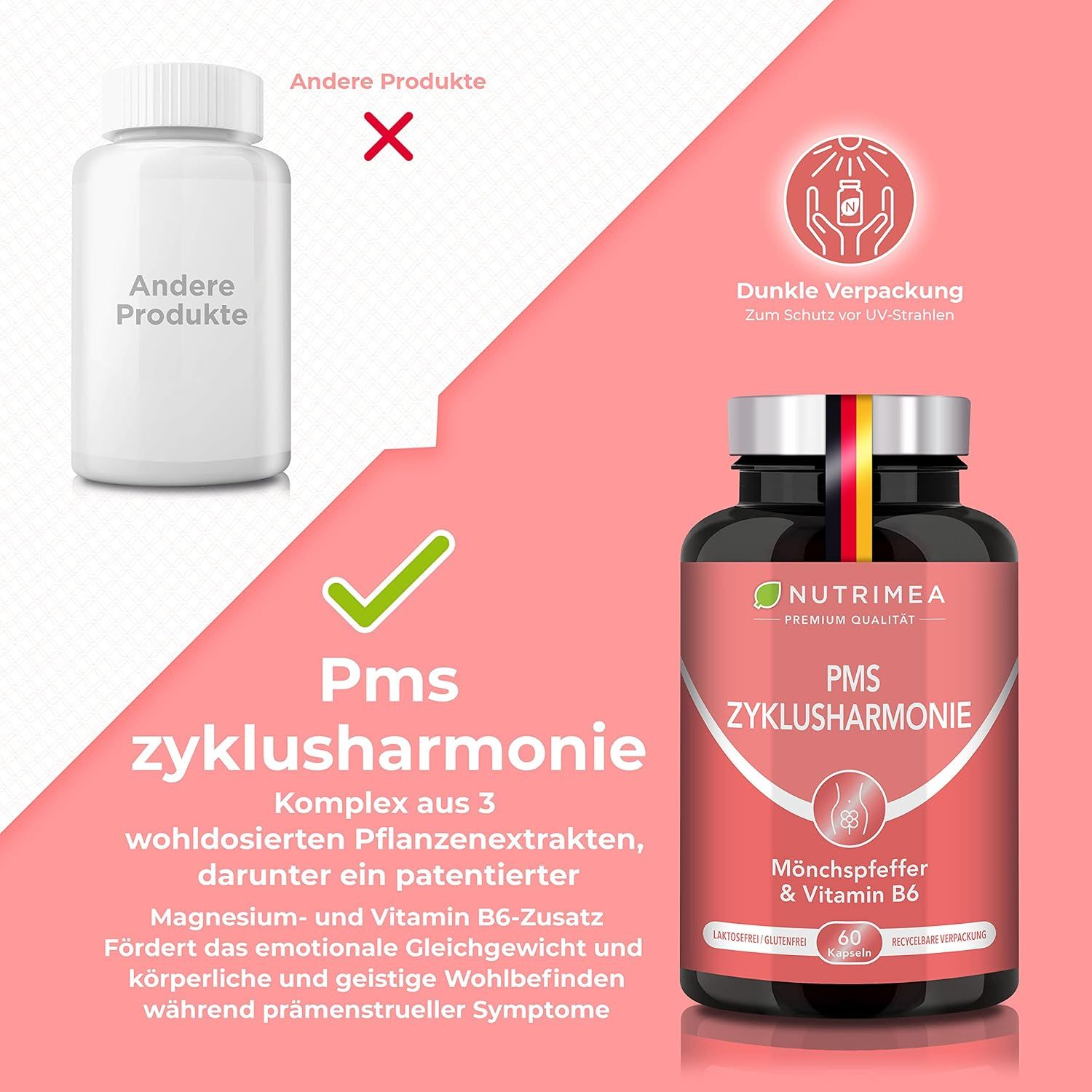 Confronto: flacone PMS ZyklusHarmonie vs. altri prodotti. Testo: complesso di estratti vegetali, magnesio, vitamina B6.