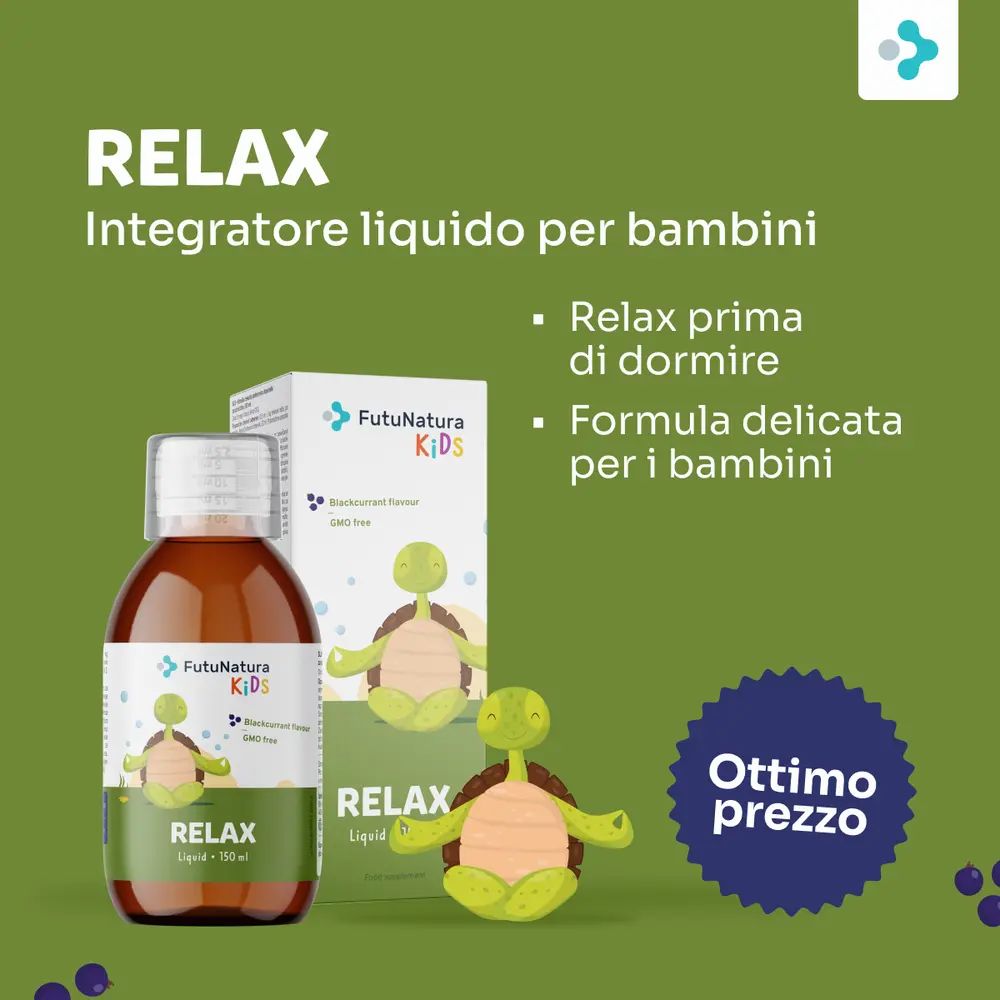 Bottiglia e confezione con logo e testo. Scritta: RELAX Liquid. Gusto di ribes nero. Senza OGM. Illustrazione di tartaruga.