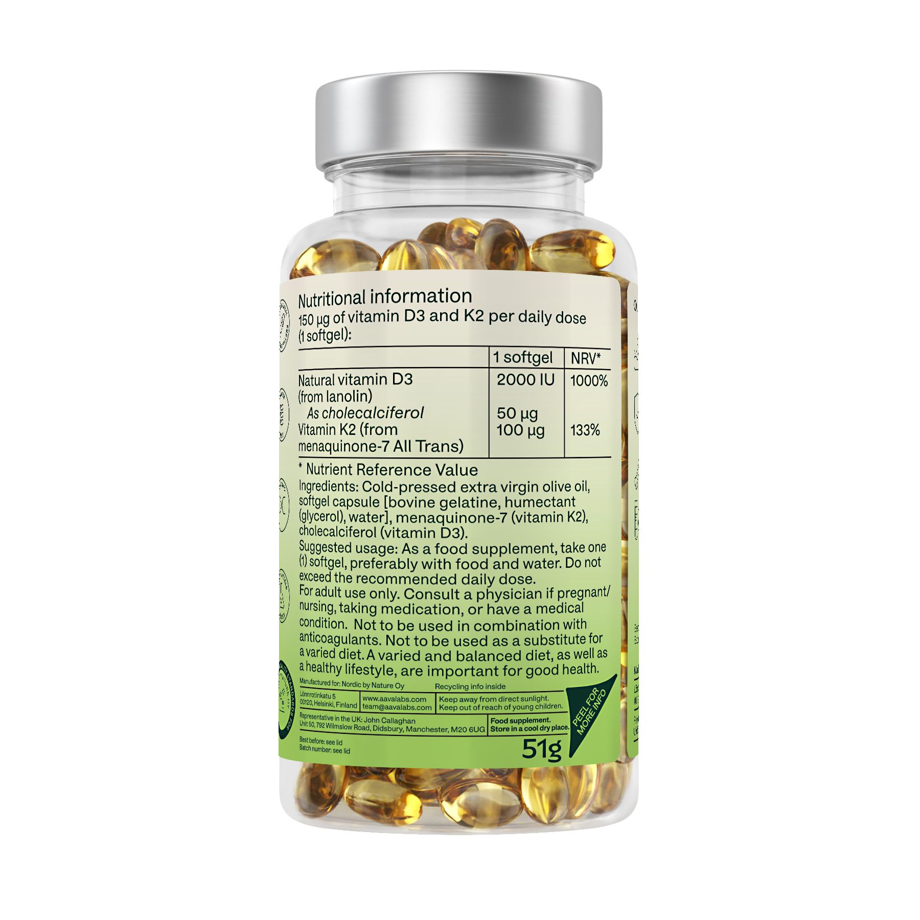 Retro di un flacone con capsule. Contiene informazioni sugli ingredienti e i valori nutrizionali. Scritta: AAVALABS.