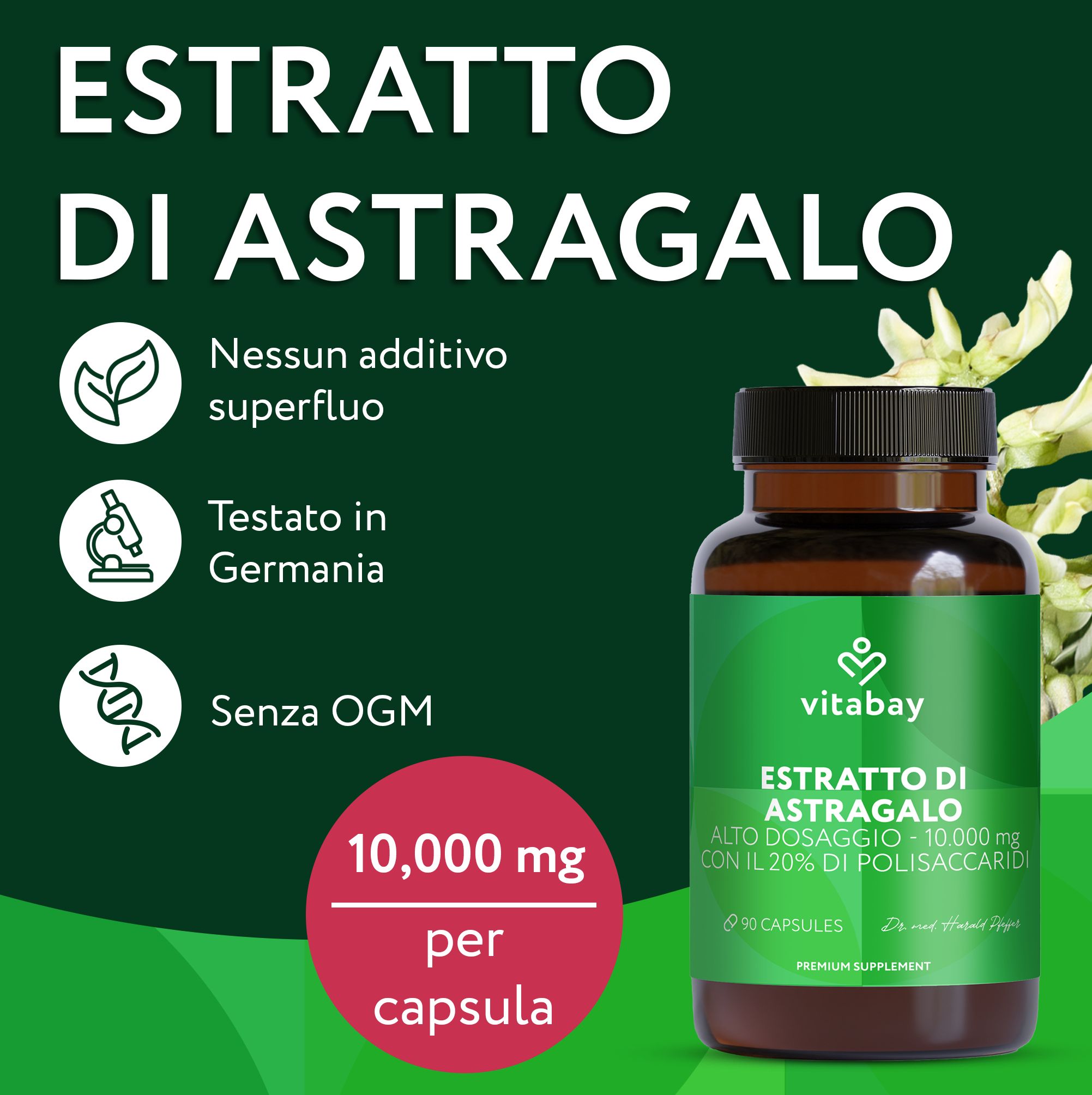 Vitabay Estratto di Astragalo, 10.000 mg per capsula, testato in Germania.