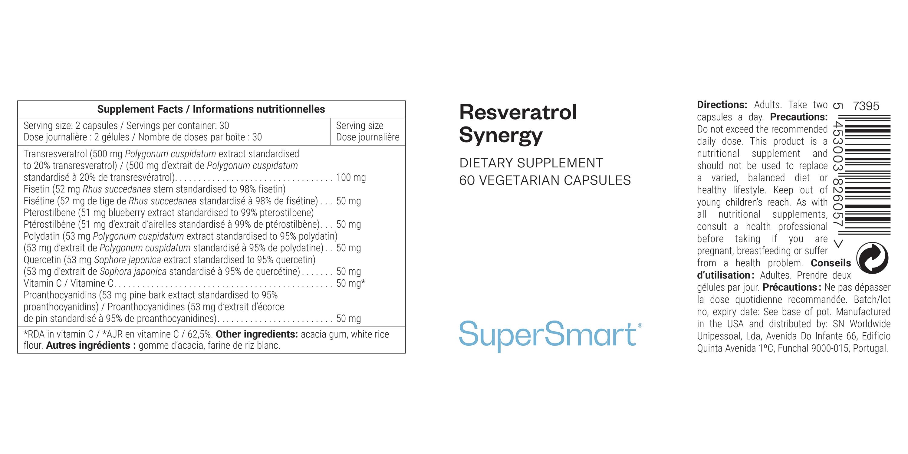 Etichetta Resveratrol-Synergy, 60 capsule vegetariane. Informazioni nutrizionali e ingredienti. Logo SuperSmart.