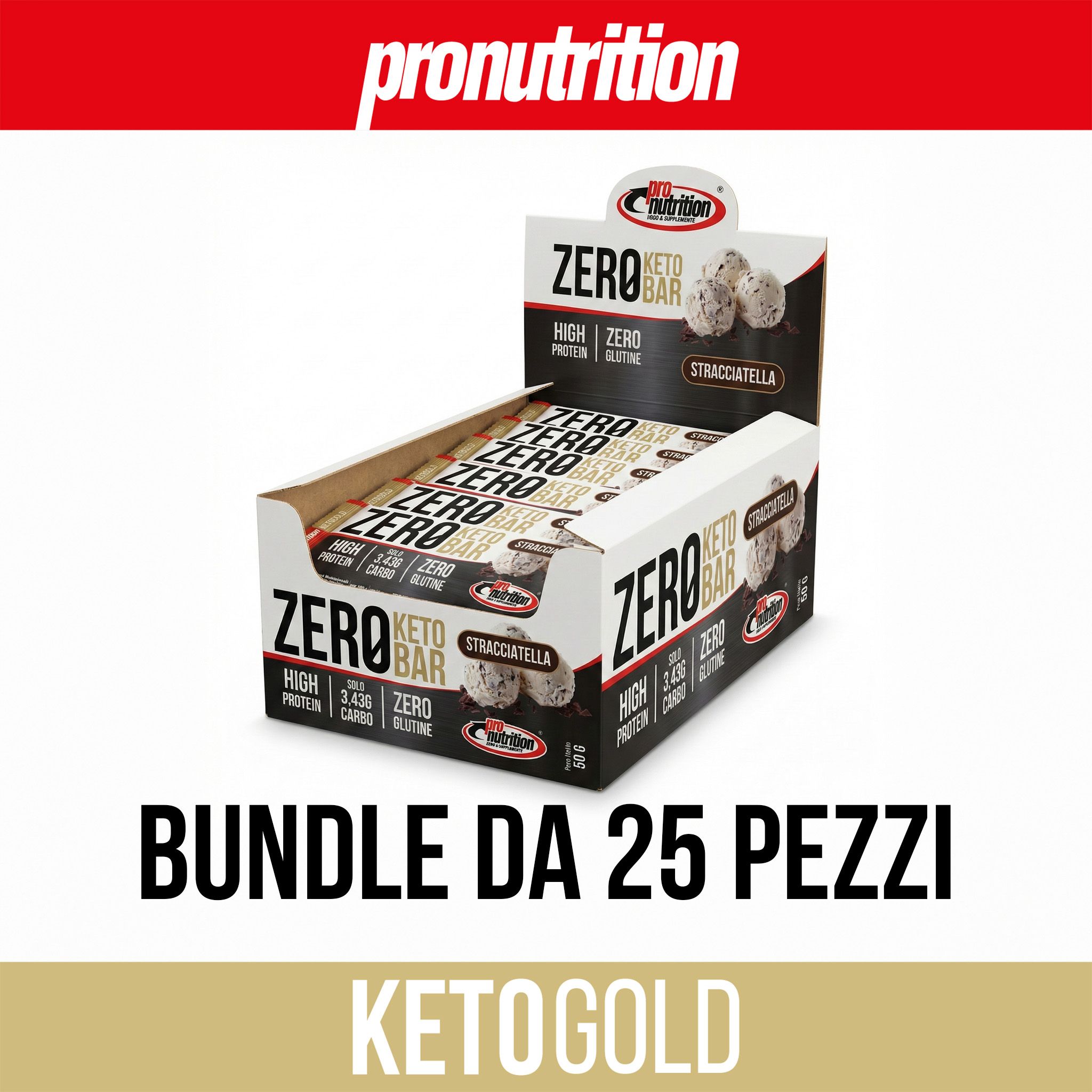 Confezione di Pronutrition Zero Keto Bar, gusto Stracciatella. Contiene 25 barrette. Scritta: Bundle da 25 pezzi.