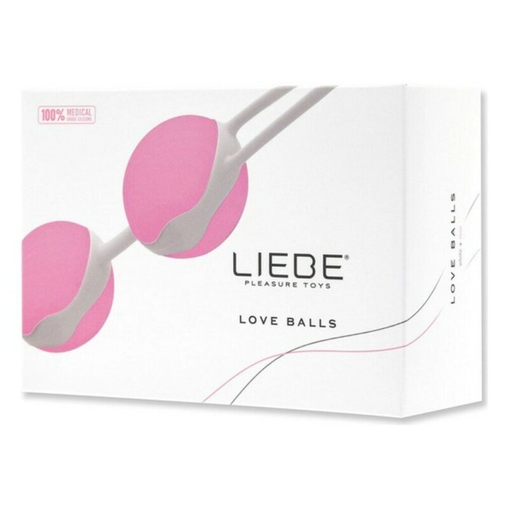 Confezione bianca con sfere rosa, marchio LIEBE, testo LOVE BALLS. Sigillo: 100% Medical.
