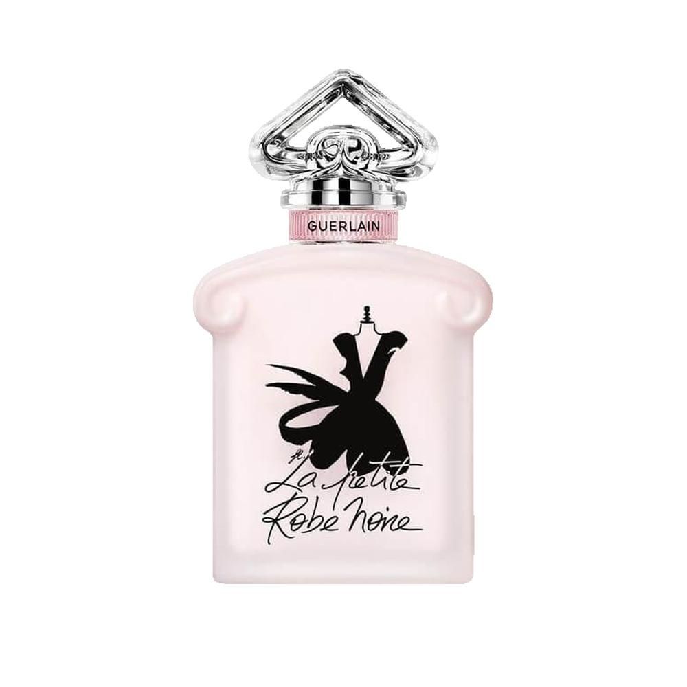 Flacone rosa con disegno abito nero. Tappo argento, scritta Guerlain. La Petite Robe Noire.